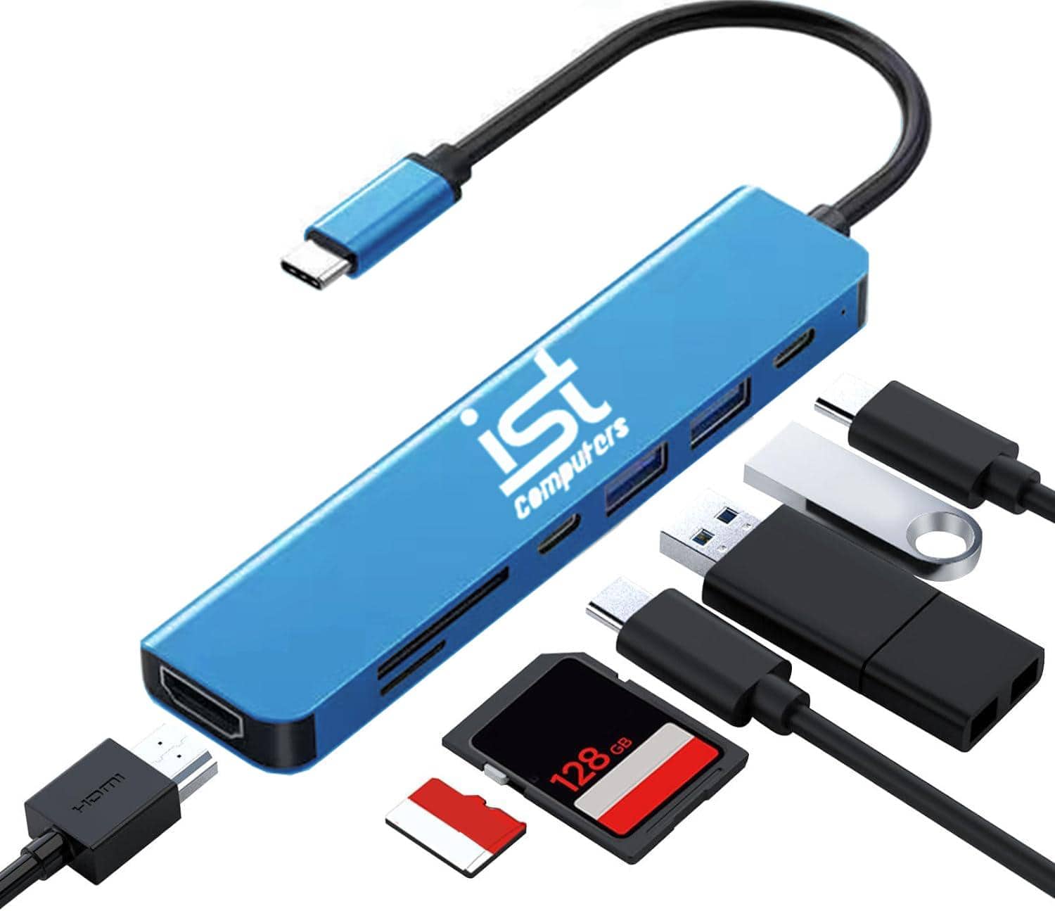 IST Computers - USB-C Hub for Laptop, 7 in 1 USB-C to HDMI Splitter, USB 3.1 GEN1, USB 2.0 and Type-C Port, 4K HDMI Port, PD 100W Chargi