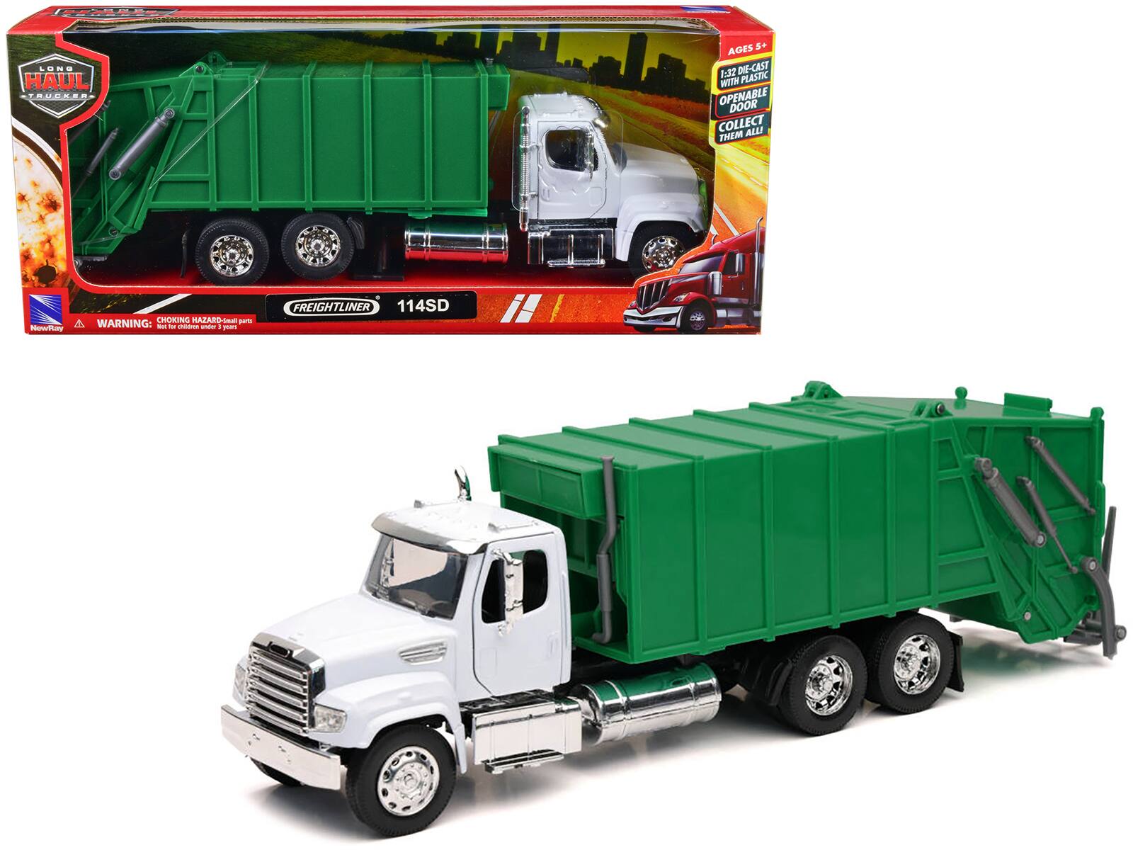 Sure, here is the corrected and grouped text from the image:

---

**Front of the Box:**

- **Haul Trucked**
- **FREIGHTLINER 114SD**
- **AGES 5+**
- **1:32 DIE-CAST WITH PLASTIC OPENABLE DOOR**
- **COLLECT THEM ALL**
- **WARNING: CHOKING HAZARD - Small parts. Not for children under 3 years.**

**Side of the Box:**

- **AGES 5+**
- **1:32 DIE-CAST WITH PLASTIC OPENABLE DOOR**
- **COLLECT THEM ALL**

**Bottom Left Corner:**

- **NewRay**

**Bottom Right Corner:**

- **FREIGHTLINER**

---