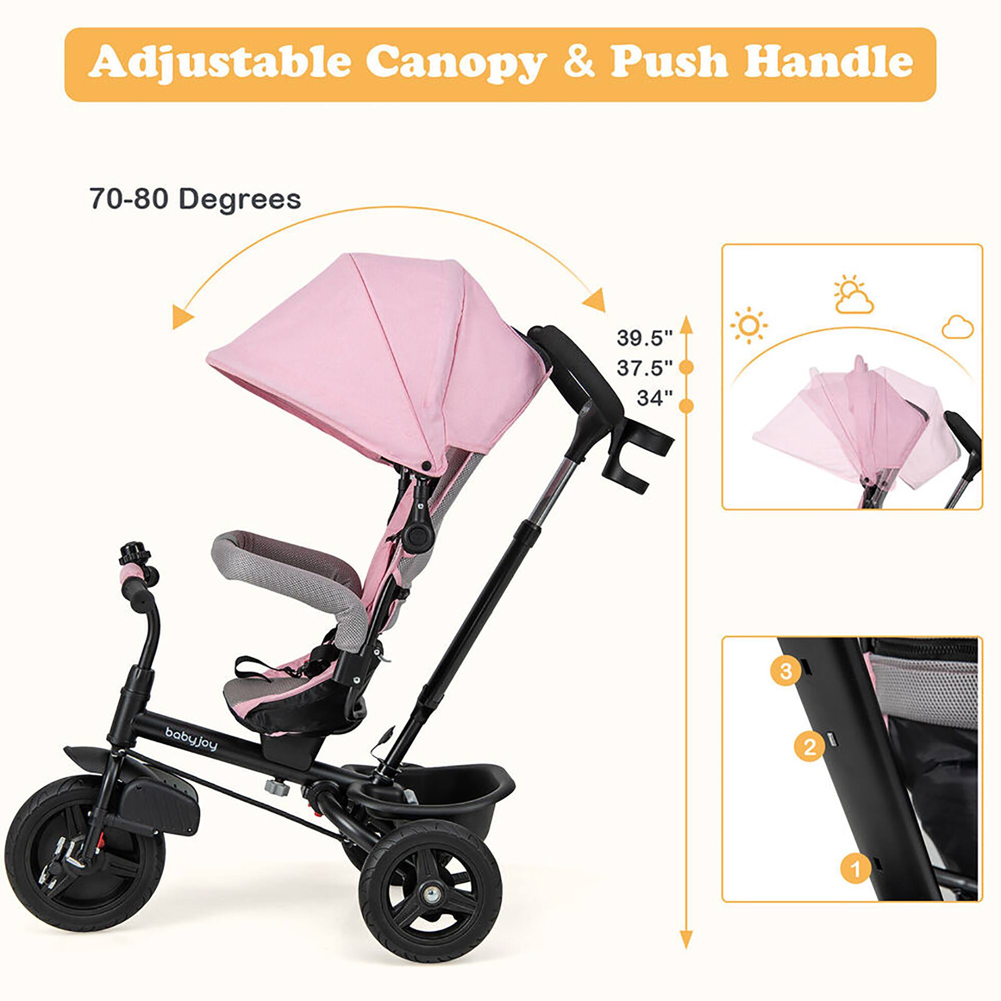 Adjustable Canopy & Push Handle

70-80 Degrees

39.5"  
37.5"  
34"  

3  
2  
1  

babyjoy