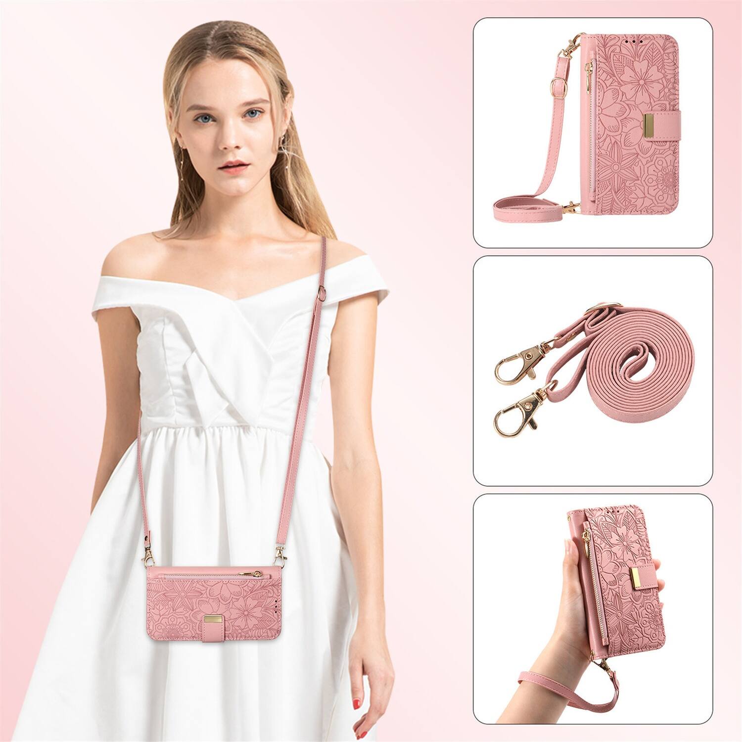 Alt View 5. Dteck - Floral Embossed Leather Zipper Cash Slot Wallet Case for Apple iPhone 16 with Detachable Strap - Rosegold.