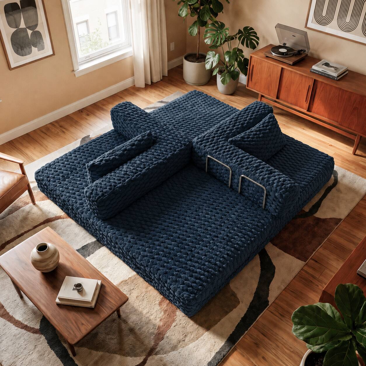 Alt View 6. Famapy - Convertible Folding Sofa Bed Couch 2-in-1 Loveseat with Plush Fabric Detachable Metal Support Brackets for Living Room - Navy Blue.