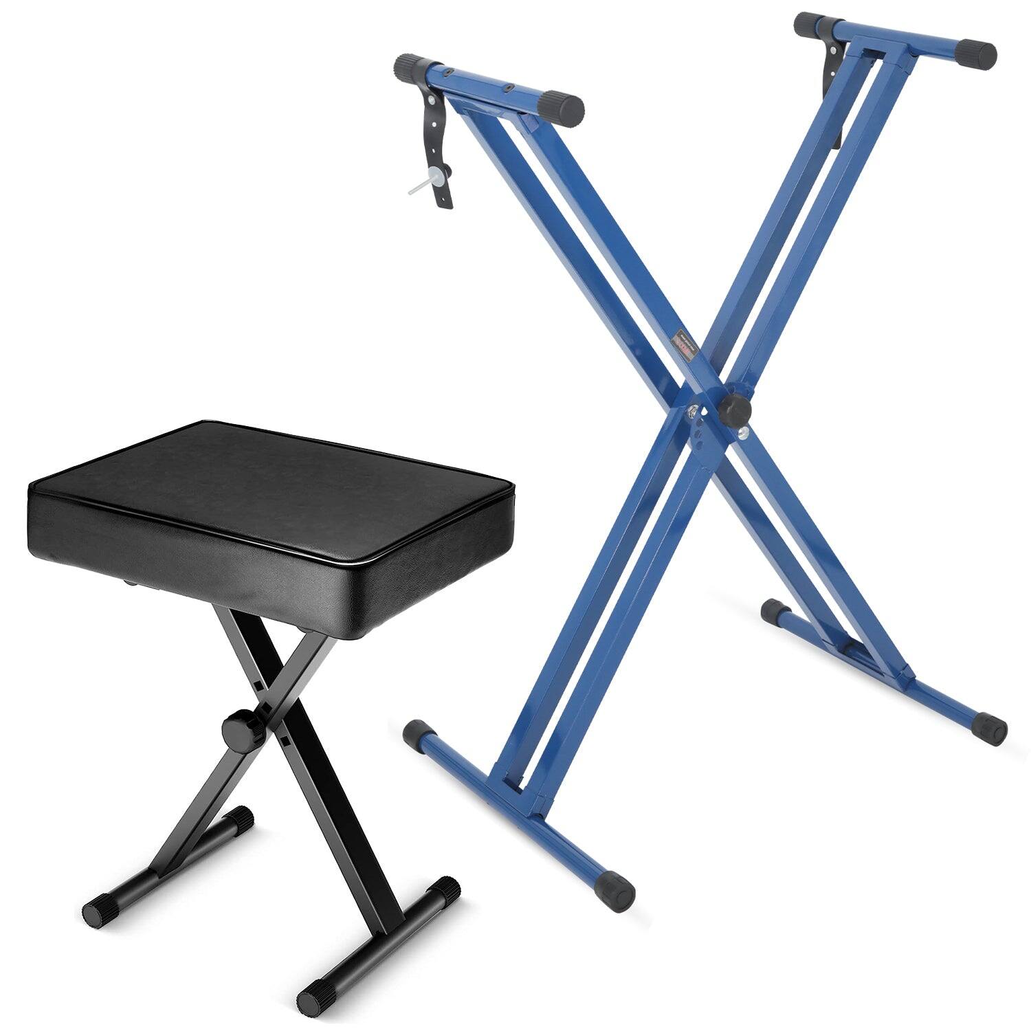 Front. 5 CORE - Keyboard Stand Double X Style Adjustable Piano Riser BLUE + Keyboard Piano Bench BLACK - Blue.
