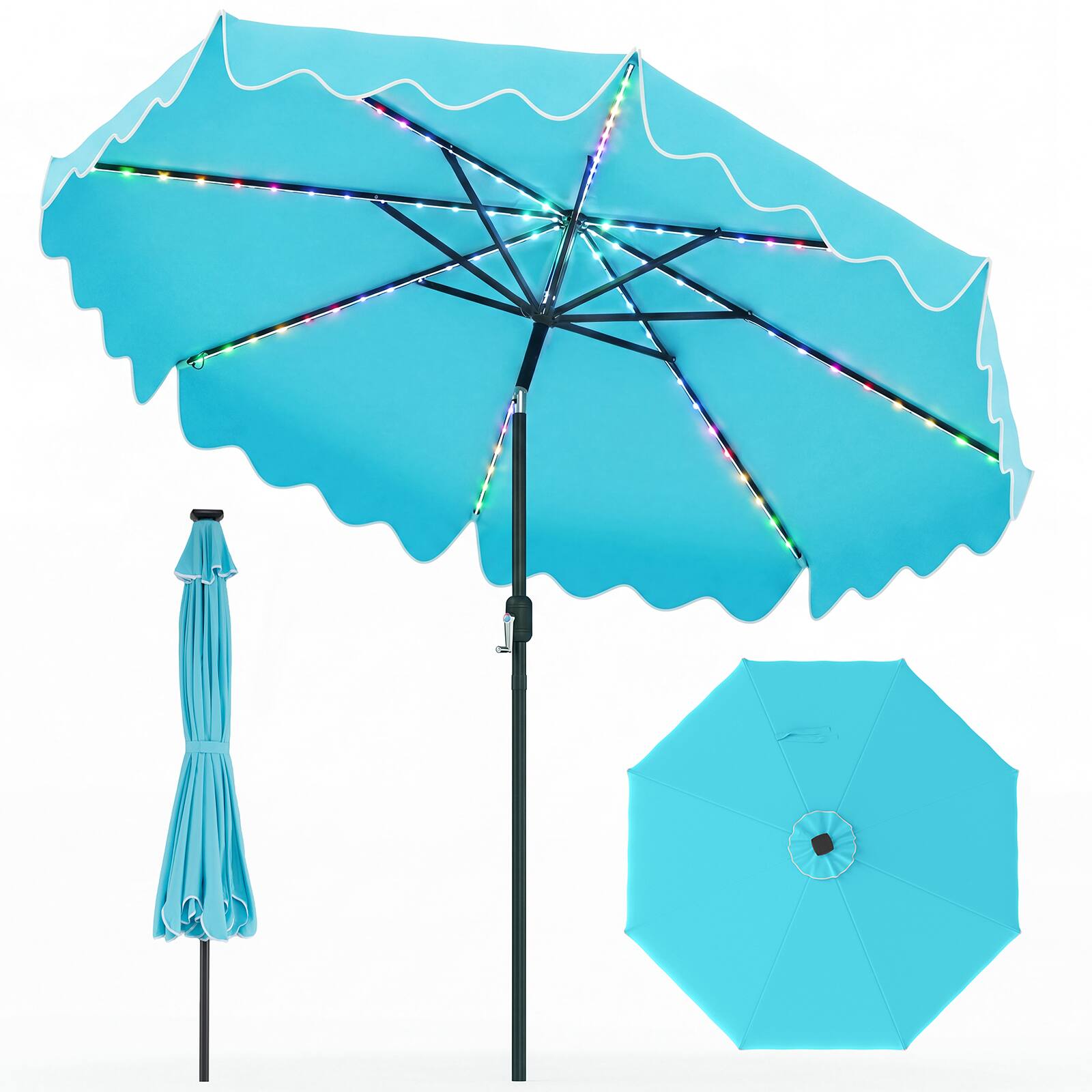 Front. Costway - Costway 10FT Solar Outdoor Market Table Umbrella with 112 Color-Changing Flowing LED Lights - Turquoise.