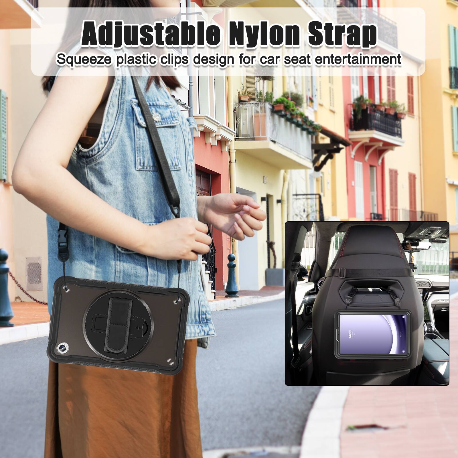 Adjustable Nylon Strap  
Squeeze plastic clips design for car seat entertainment