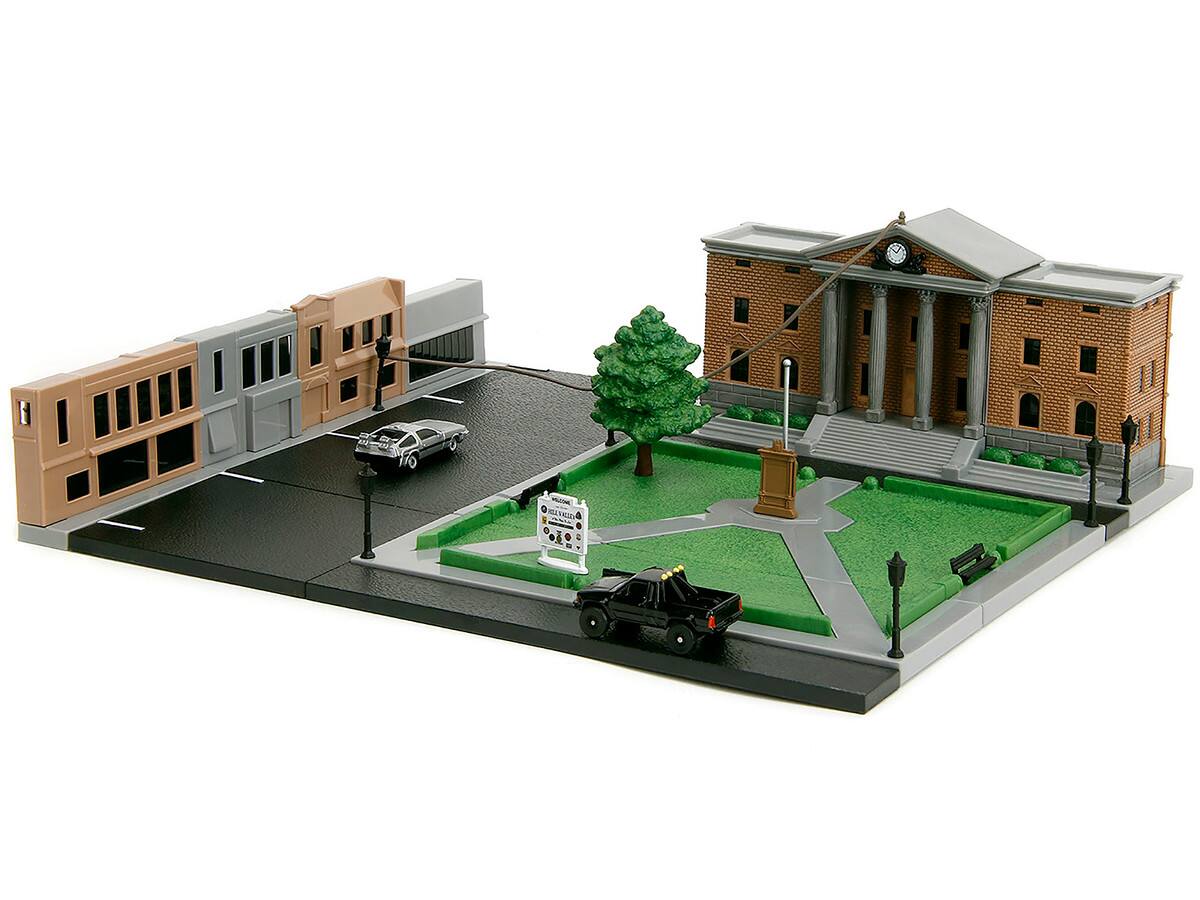 Angle. Jada - Hill Valley Courthouse Diorama with Black Pickup Truck & Delorean "Back to the Future" (1985) Movie "Nano Scene" Series - Multicolor.