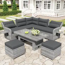 Mondawe - Outdoor Rattan Furniture Set with an Adjustable Table, Recliners with Extendable Side Tables, and Two Ottomans - Gray