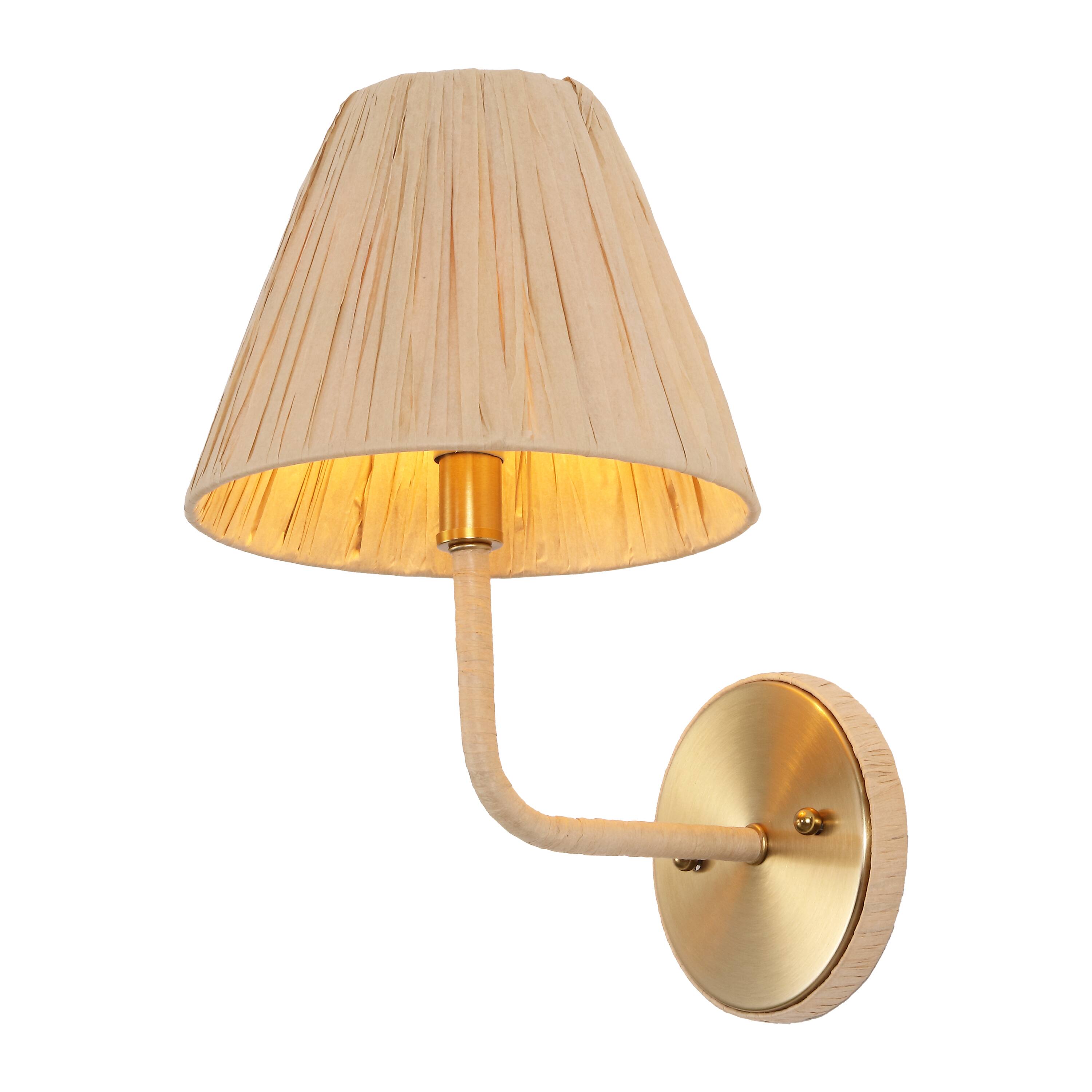Front. Jonathan Y - Malaya 8" 1-Light Bohemian Coastal Metal Pleated Paper Shade LED Vanity Light, Beige/Brass Gold - Brass Gold/Beige.