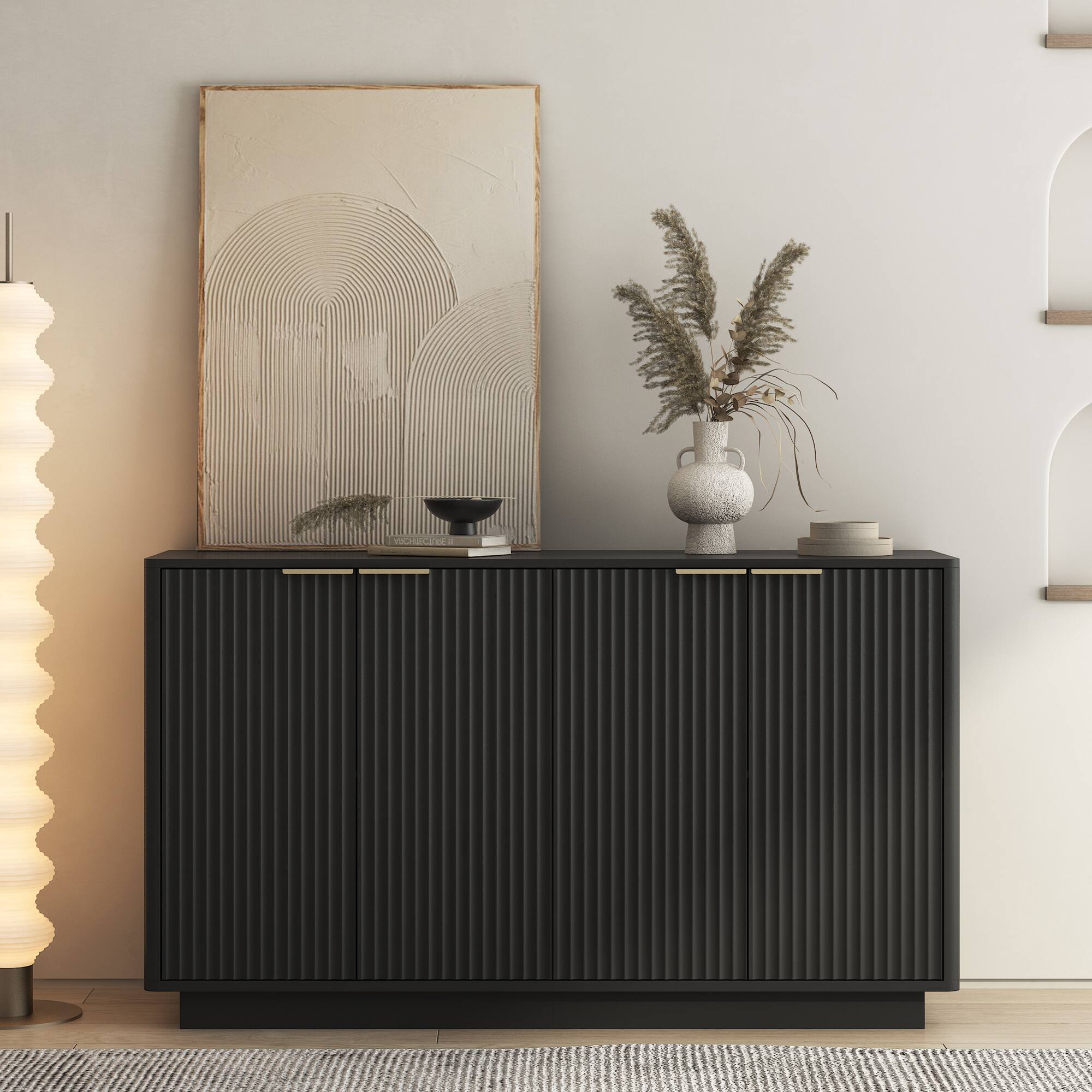 Angle. Z-Edge - 55.1" Buffet Cabinet with Storage, Fluted Sideboard Buffet Cabinet with Adjustable Shelves and 4 Doors for Living Room - Black.