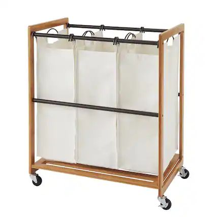 Front. TRINITY - Bamboo 3-Bag Laundry Cart Bronze Poles - Bronze.