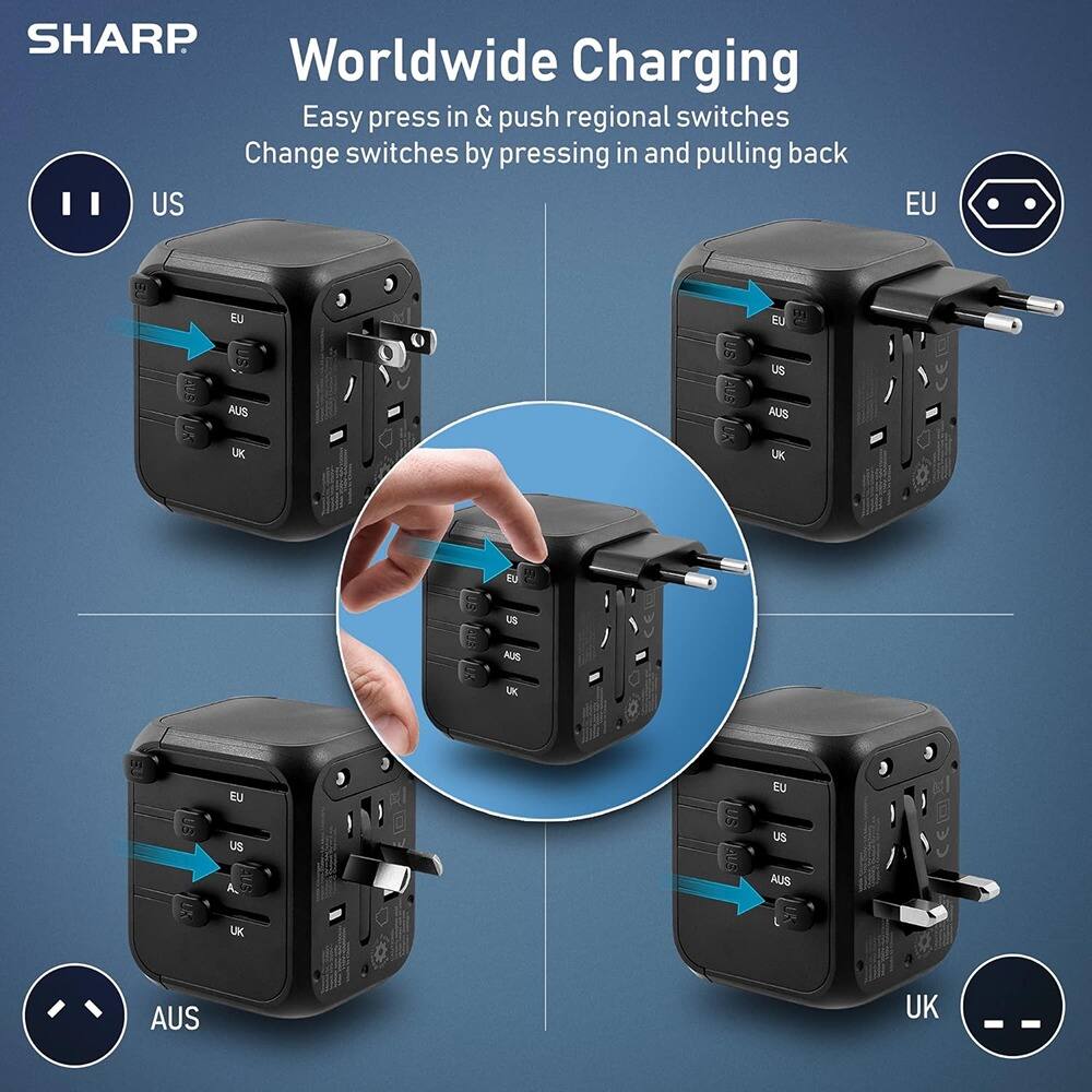 SHARP Worldwide Charging  
Easy press in & push regional switches  
Change switches by pressing in and pulling back  

US  
EU  
AUS  
UK