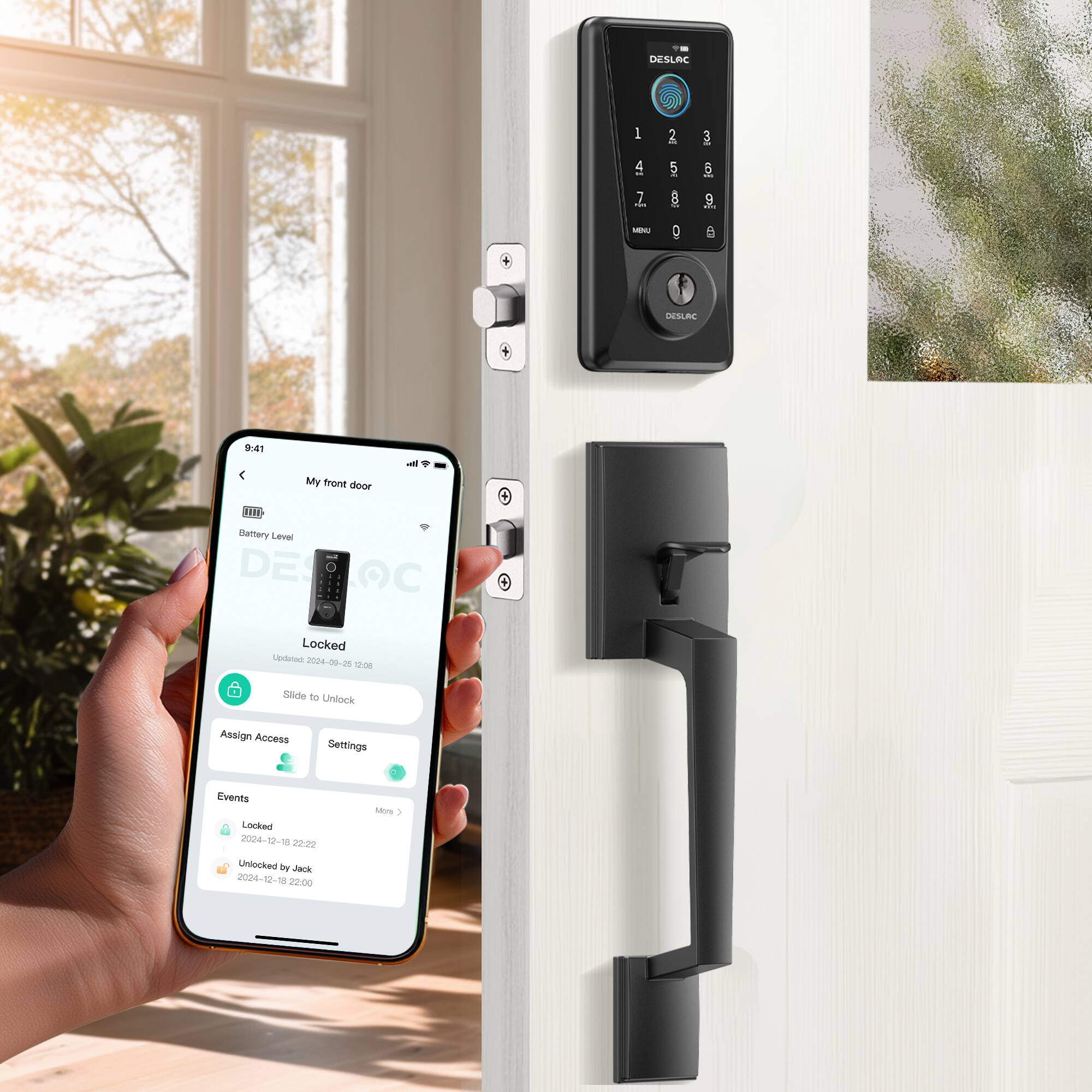 DESLAC

My front door

Battery Level

Locked

Slide to Unlock

Assign Access

Settings

Events

Locked 2024-12-18 22:22

Unlocked by Jack 2024-12-18 22:00