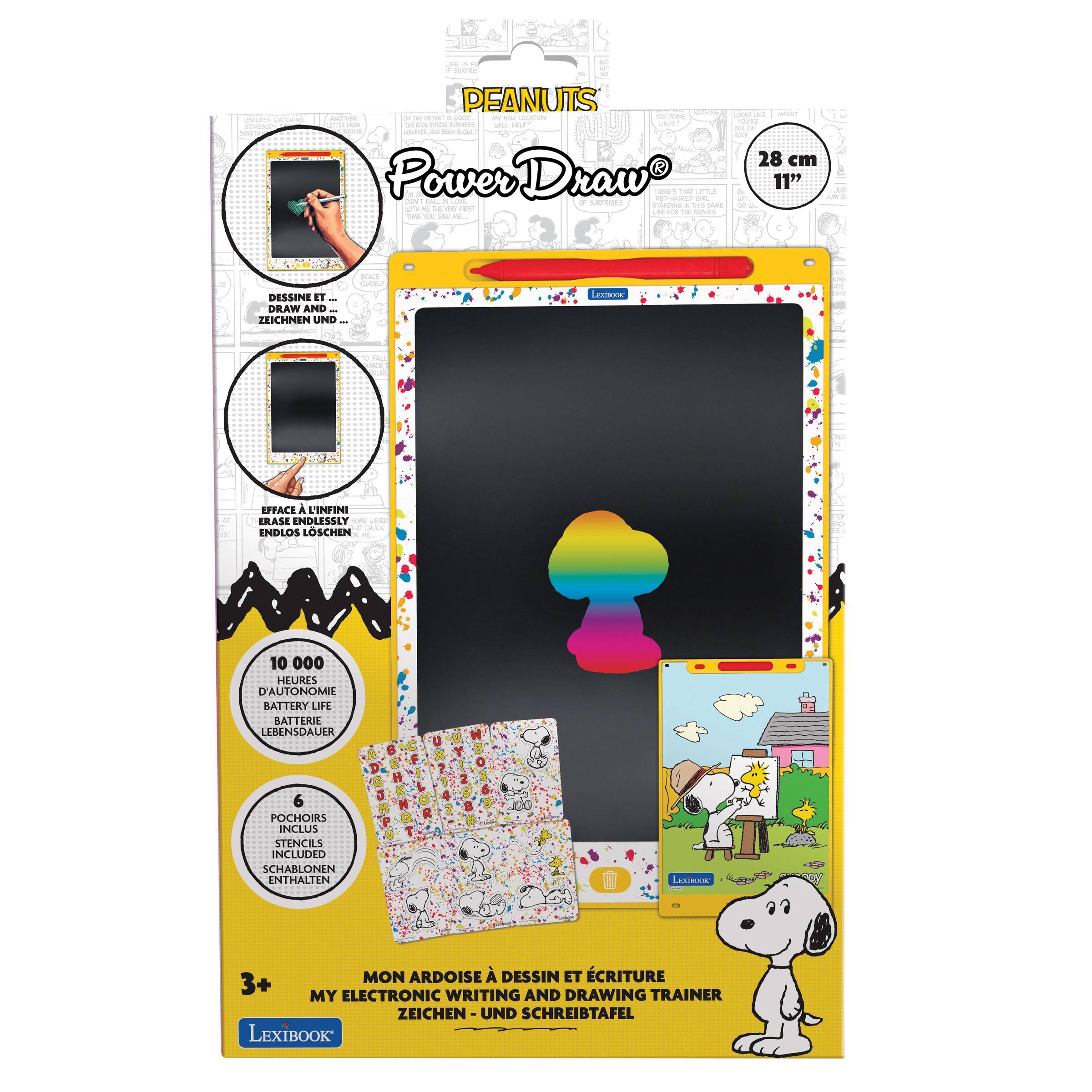 - PEANUTS
- Power Draw
- 28 cm 11"
- DESSINE E. DRAW AND ZEICHNEN UND
- EFFACE A LINFINI ERASE ENDLESSLY ENDLOS LOSCHEN
- 10 000 HEURES D'AUTONOM BATTERY LIFE BATTER LEBENSDAUER
- POCHOIRS INCLUS STENCILS INCLUDED SCHARLONEN ENTHALTEN
- RS MON ARDOISE DESSIN ET CRITURE
- 3+ MY WRITING AND DRAWING TRAINER ELECTRONIC ZEICHEN-UND UND SCHREIBTAFEL
- Lexibook