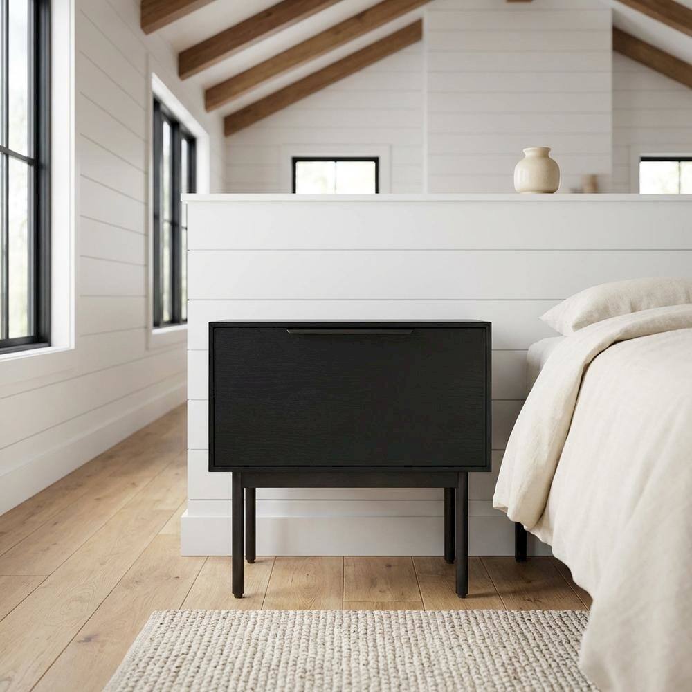 Alt View 4. Starlight Canyon Home - Black modern nightstand with mahogany wood veneer and spacious drawer - Black.