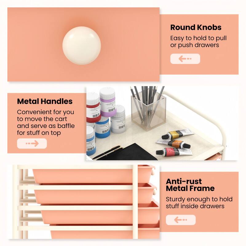 Round Knobs: Easy to hold to pull or push drawers  
Metal Handles: Convenient for you to move the cart and serve as a baffle for stuff on top  
Anti-rust Metal Frame: Sturdy enough to hold stuff inside drawers