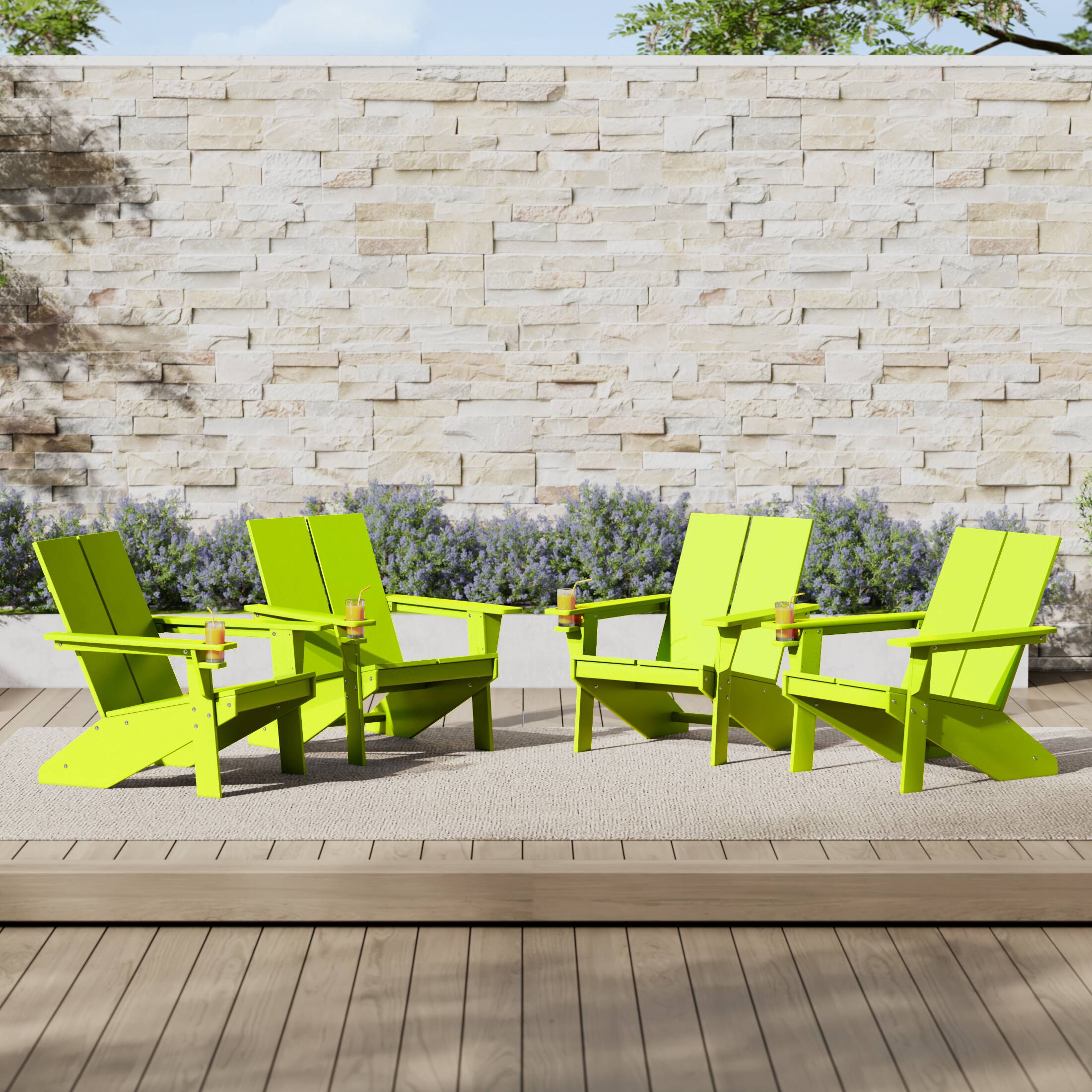 Angle. WestinTrends - WestinTrends Riviera Outdoor HDPE Modern Adirondack Chair with Cup Holder (Set of 4) - Lime.