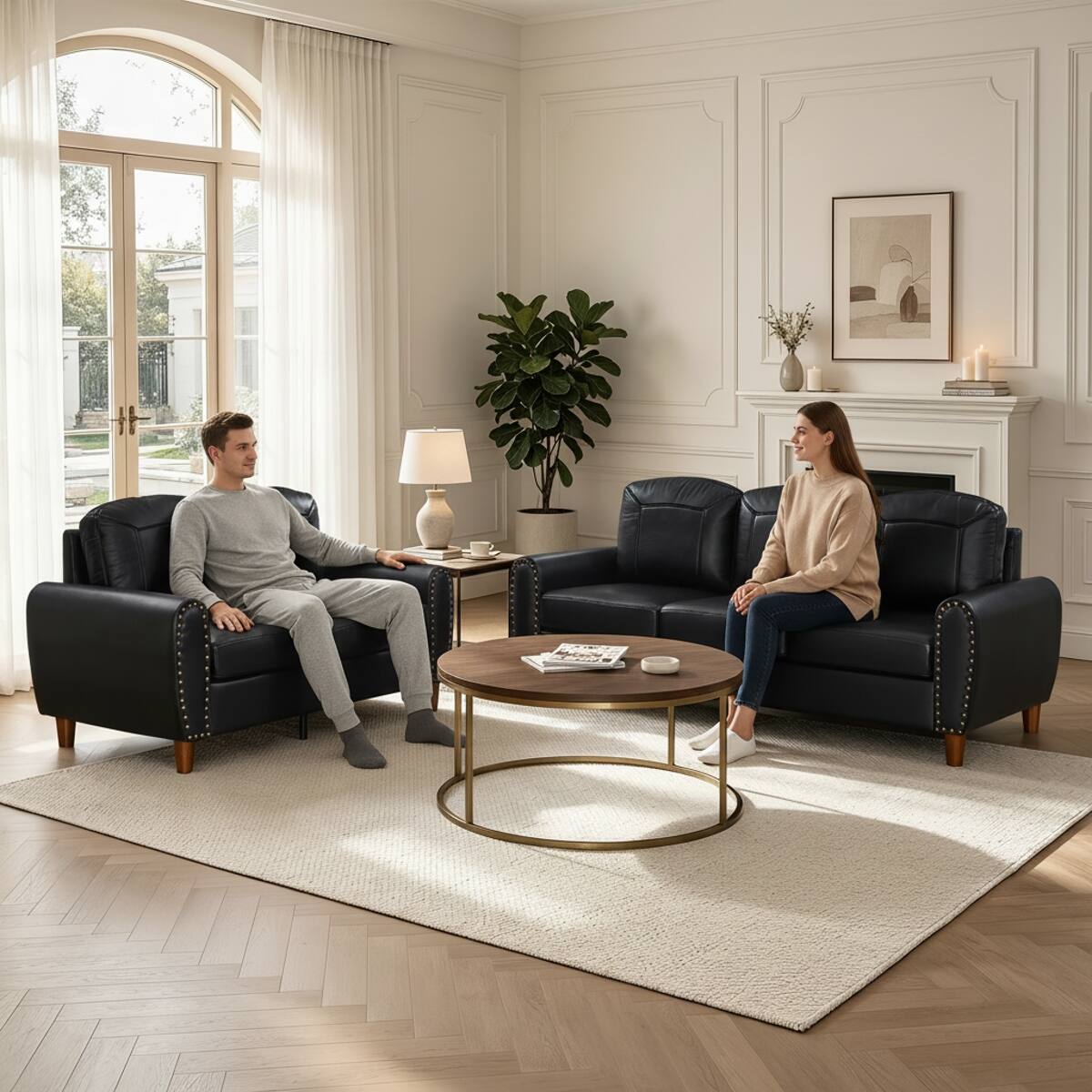 Back. Ropilly - Ropilly Black Faux Leather Sofa Set Rolled Arm Sofa with Nailhead Trim Loveseat and Sofa Set - Black.