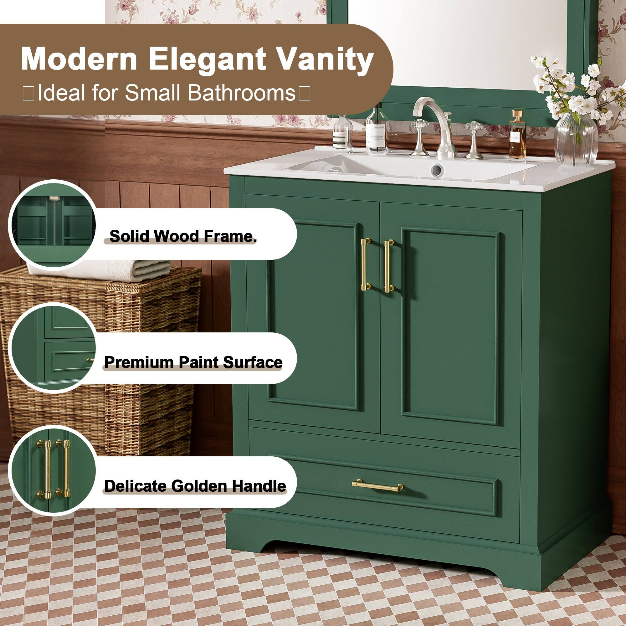 Modern Elegant Vanity  
Ideal for Small Bathrooms  

- Solid Wood Frame  
- Premium Paint Surface  
- Delicate Golden Handle