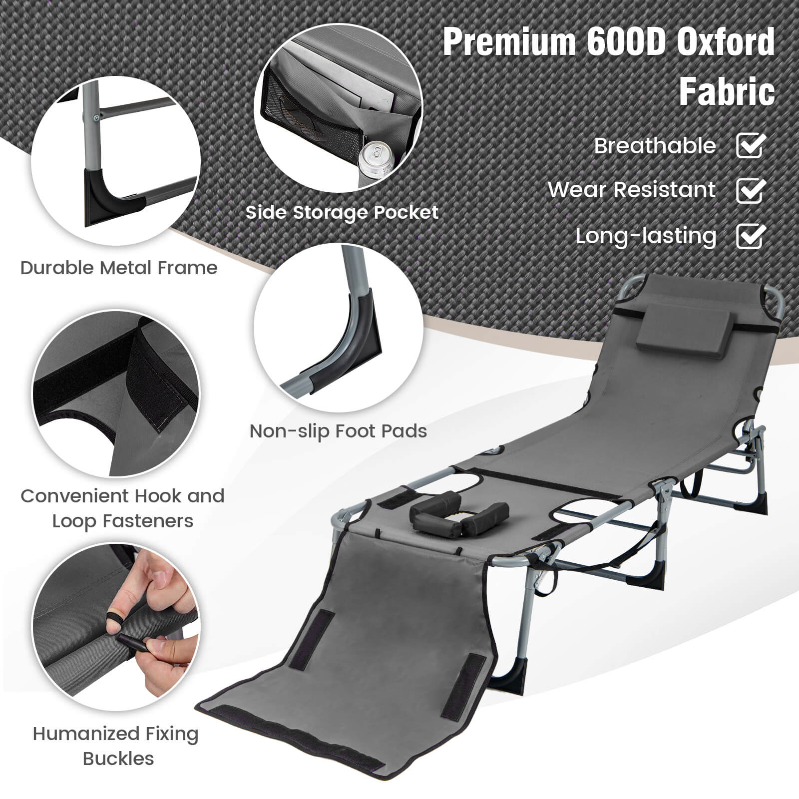 Premium 600D Oxford Fabric  
Breathable  
Wear Resistant  
Long-lasting  

Durable Metal Frame  
Non-slip Foot Pads  
Convenient Hook and Loop Fasteners  
Humanized Fixing Buckles  

Side Storage Pocket