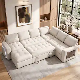 Dyonery - 7 Seat L Shaped Sectional Sleeper Sofa Bed with Pull Out Bed, Sectional Sleeper Couch with Ottoman, Chenille Beige - Beige
