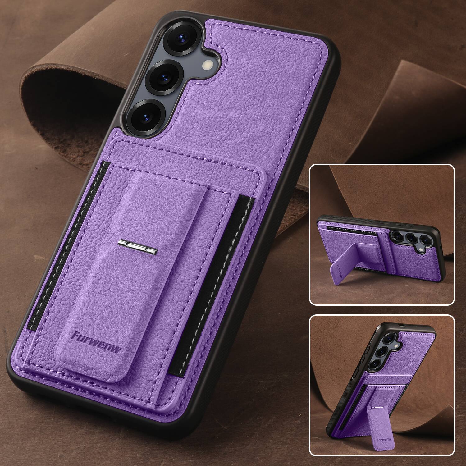 Alt View 3. Dteck - Slim Card Holder Case for Samsung Galaxy S24, Shockproof Wallet Protective Cover with Kickstand - Purple.