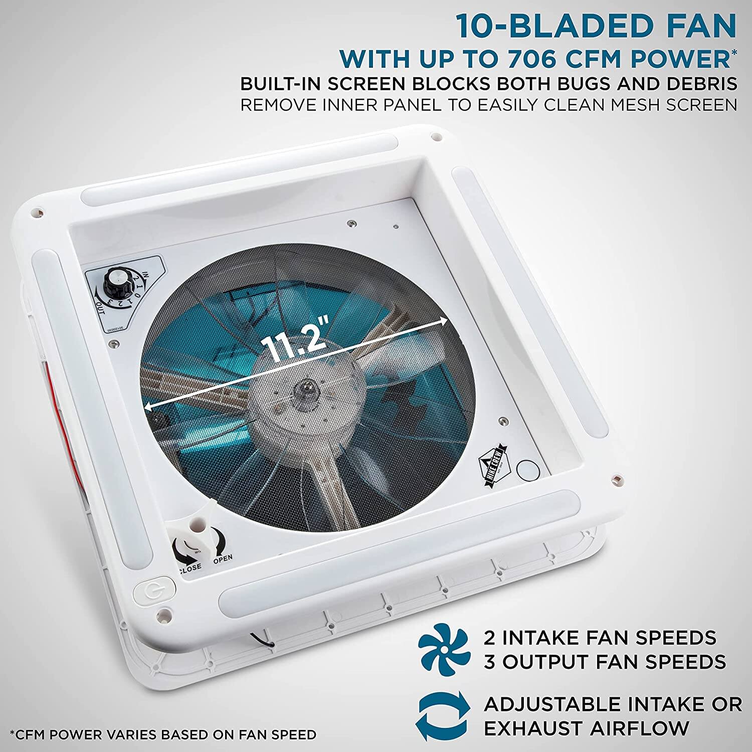 10-BLADED FAN WITH UP TO 706 CFM POWER* BUILT-IN SCREEN BLOCKS BOTH BUGS AND DEBRIS REMOVE INNER PANEL TO EASILY CLEAN MESH SCREEN WT 11.2" BON OPEN ILOSE 2 INTAKE FAN SPEEDS 3 OUTPUT FAN SPEEDS *CFM POWER VARIES BASED ON FAN SPEED ADJUSTABLE INTAKE OR EXHAUST AIRFLOW