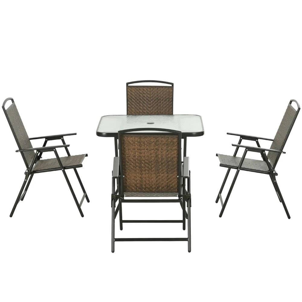 Resenkos - 5 Pieces Patio Table and Chairs, Umbrella Hole, PE Rattan - Dark Brown