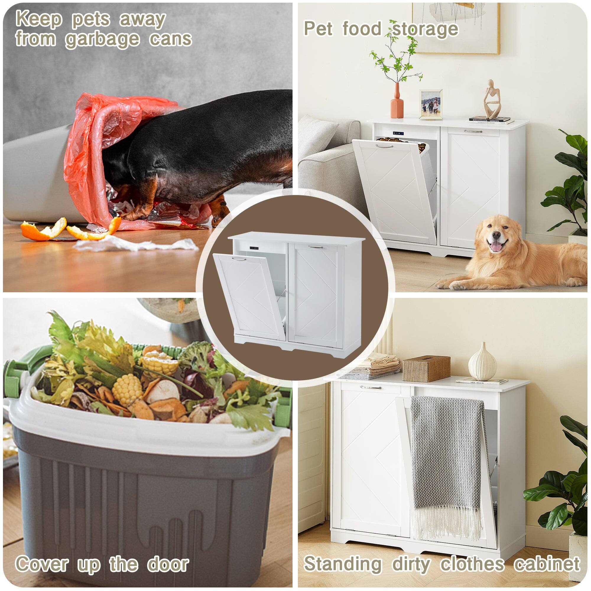 Keep pets away from garbage cans  
Pet food storage  
Cover up the door  
Standing dirty clothes cabinet