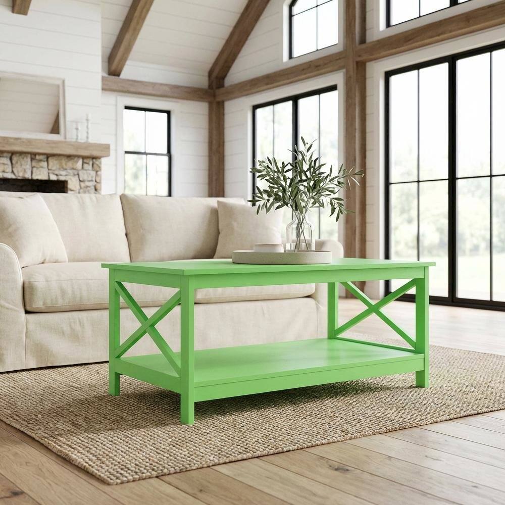 Left. FurniFact - Coffee Table Lime MDF with Shelf Coastal Style Transitional Design - Lime.