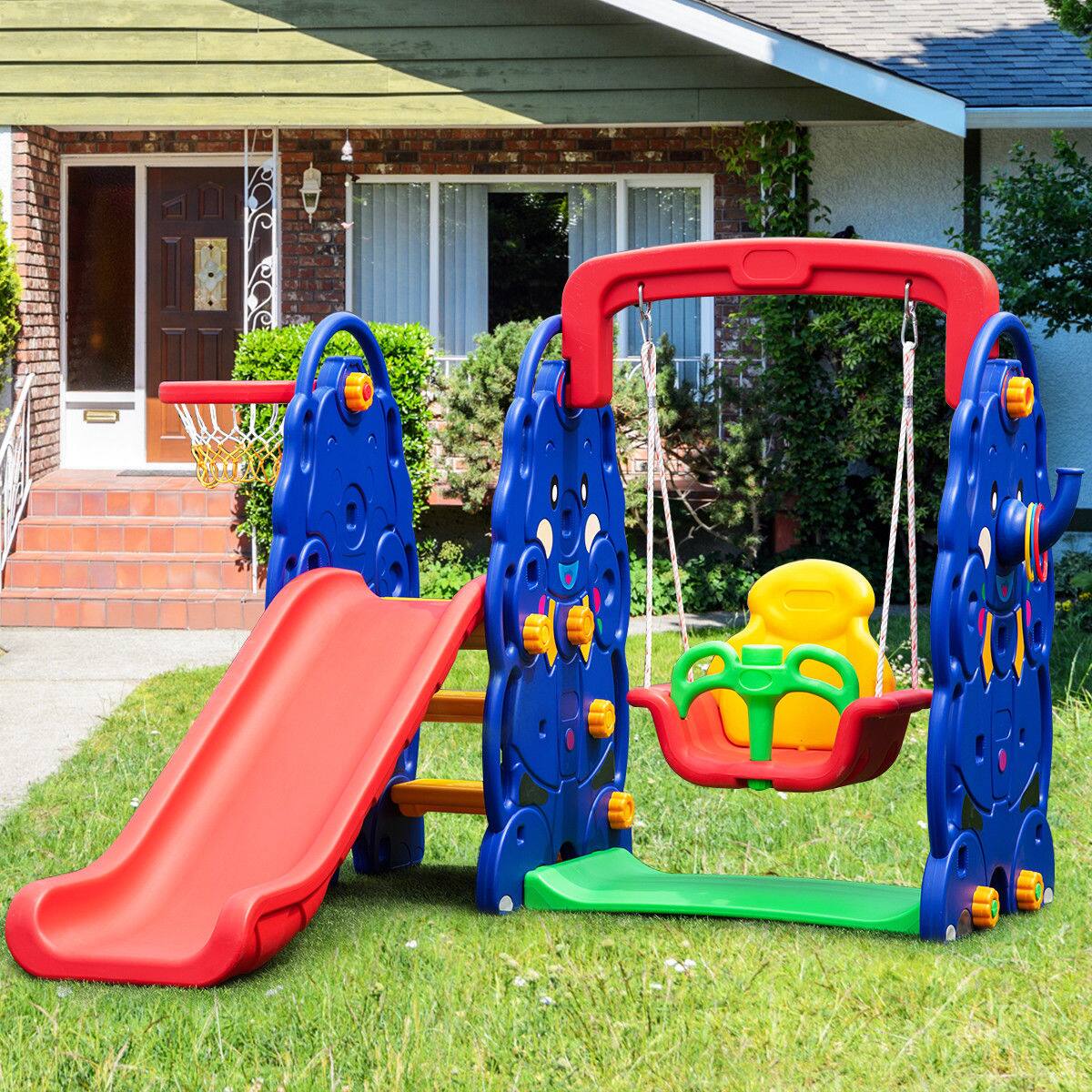 Alt View 1. Costway - Costway 3 in 1 Junior Children Climber Slide Swing Seat Basketball Hoop Playset Backyard - Multicolor.