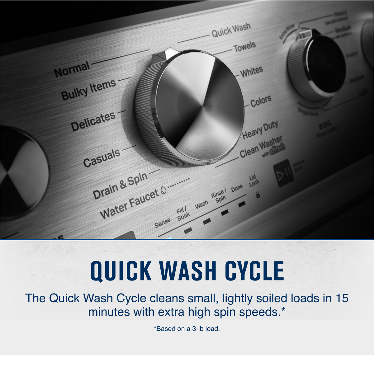 Quick Wash Cycle

The Quick Wash Cycle cleans small, lightly soiled loads in 15 minutes with extra high spin speeds.  
*Based on a 3-lb load.