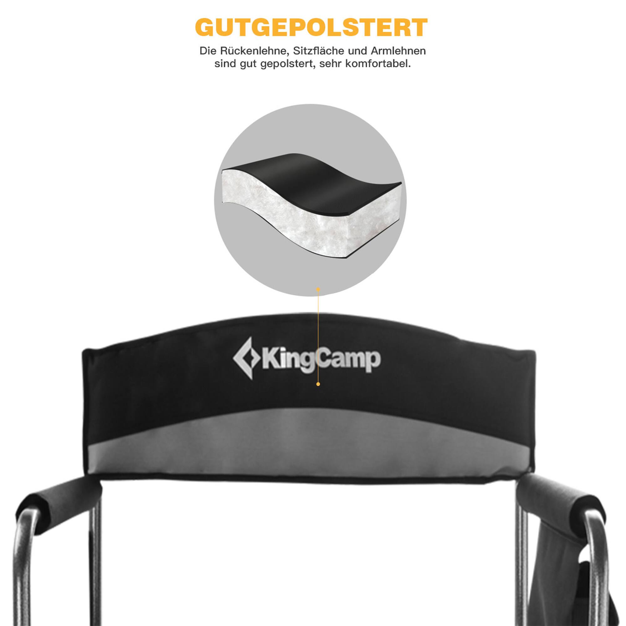 GUTGEPOLESTERT  
Die Rückenlehne, Sitzfläche und Armlehnen sind gut gepolstert, sehr komfortabel.  
KingCamp