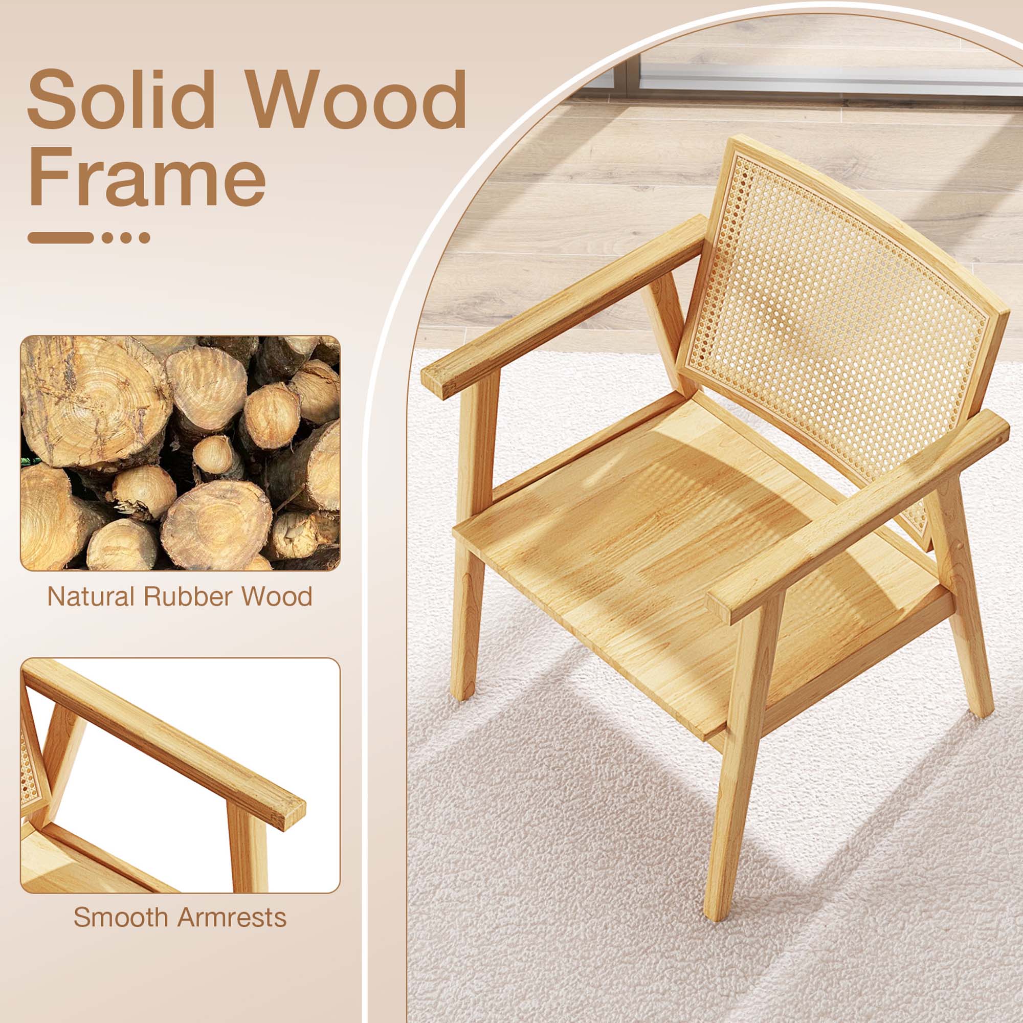 Solid Wood Frame Natural Rubber Wood Smooth Armrests