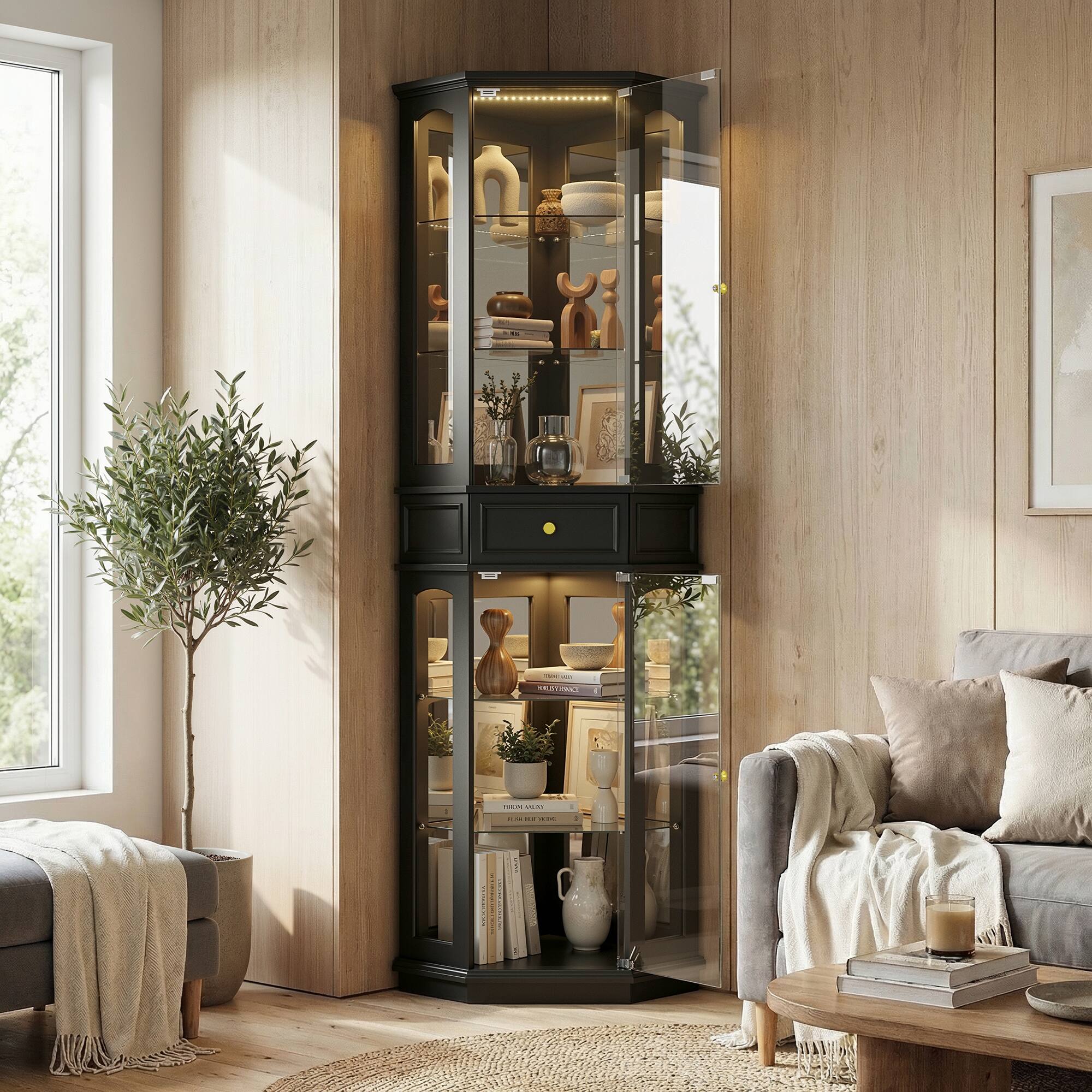 Back. FUFU & GAGA - Black Corner Glass Display Cabinet with RGB Lights, Tall Tempered Glass Curio Cabinet for Living Room & Home Bar - Black.