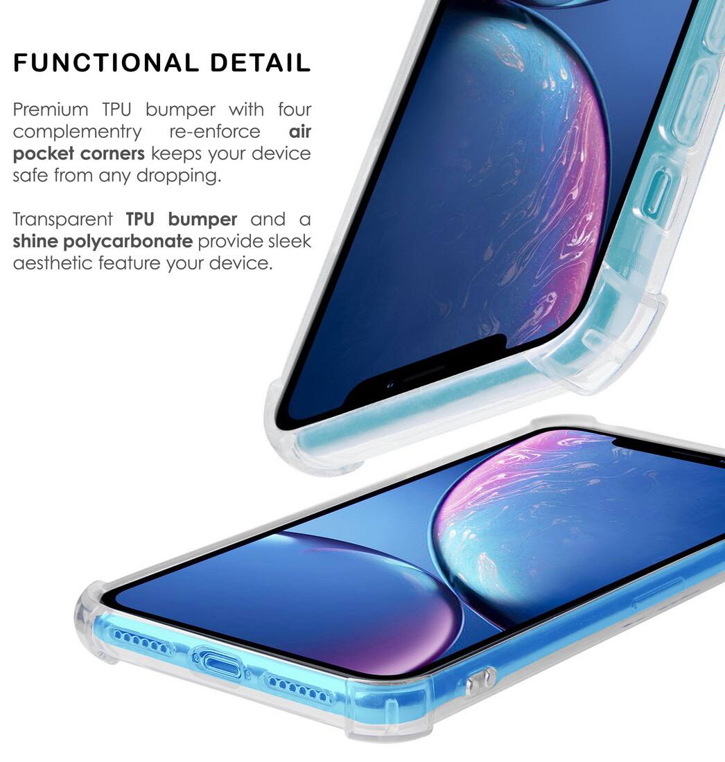 FUNCTIONAL DETAIL

Premium TPU bumper with four complementary re-enforce air pocket corners keeps your device safe from any dropping.

Transparent TPU bumper and a shine polycarbonate provide sleek aesthetic feature your device.