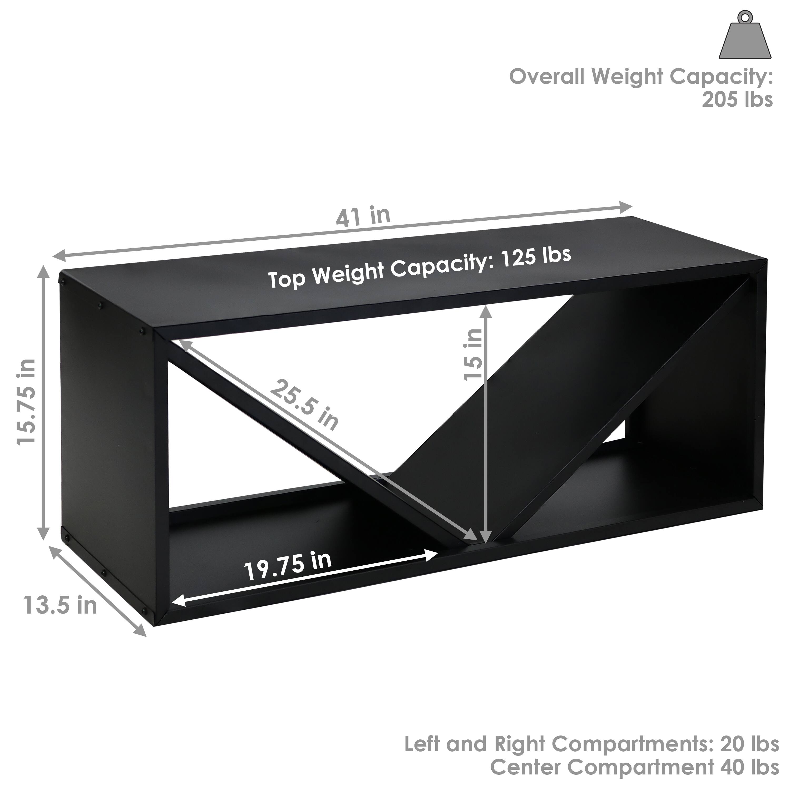 Overall Weight Capacity: 205 lbs

Top Weight Capacity: 125 lbs

Left and Right Compartments: 20 lbs

Center Compartment: 40 lbs

Dimensions:
- 41 in (width)
- 15.75 in (height)
- 15 in (depth)
- 25.5 in (top width)
- 19.75 in (bottom width)
- 13.5 in (side depth)