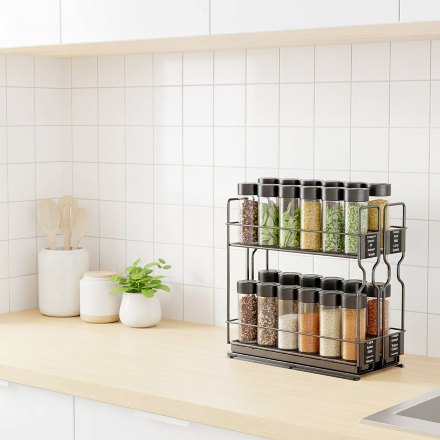 Alt View 1. Tooloton - Pull Out Spice Rack Organizer with 2 Drawers, Heavy Duty Slide Out Cabinet Organizer with Labels - Black.