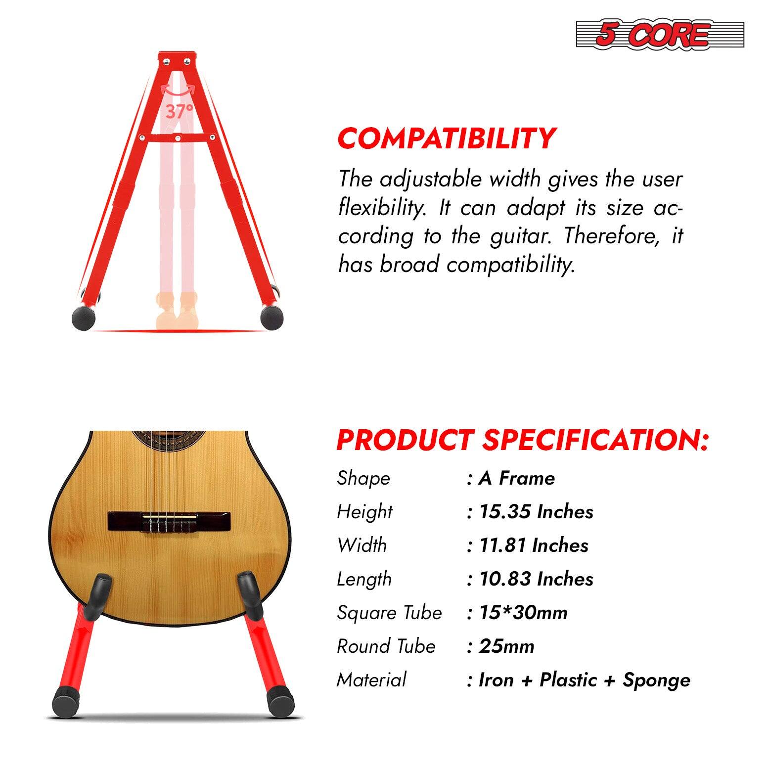 **COMPATIBILITY**

The adjustable width gives the user flexibility. It can adapt its size according to the guitar. Therefore, it has broad compatibility.

**PRODUCT SPECIFICATION:**

- Shape: A Frame
- Height: 15.35 Inches
- Width: 11.81 Inches
- Length: 10.83 Inches
- Square Tube: 15*30mm
- Round Tube: 25mm
- Material: Iron + Plastic + Sponge