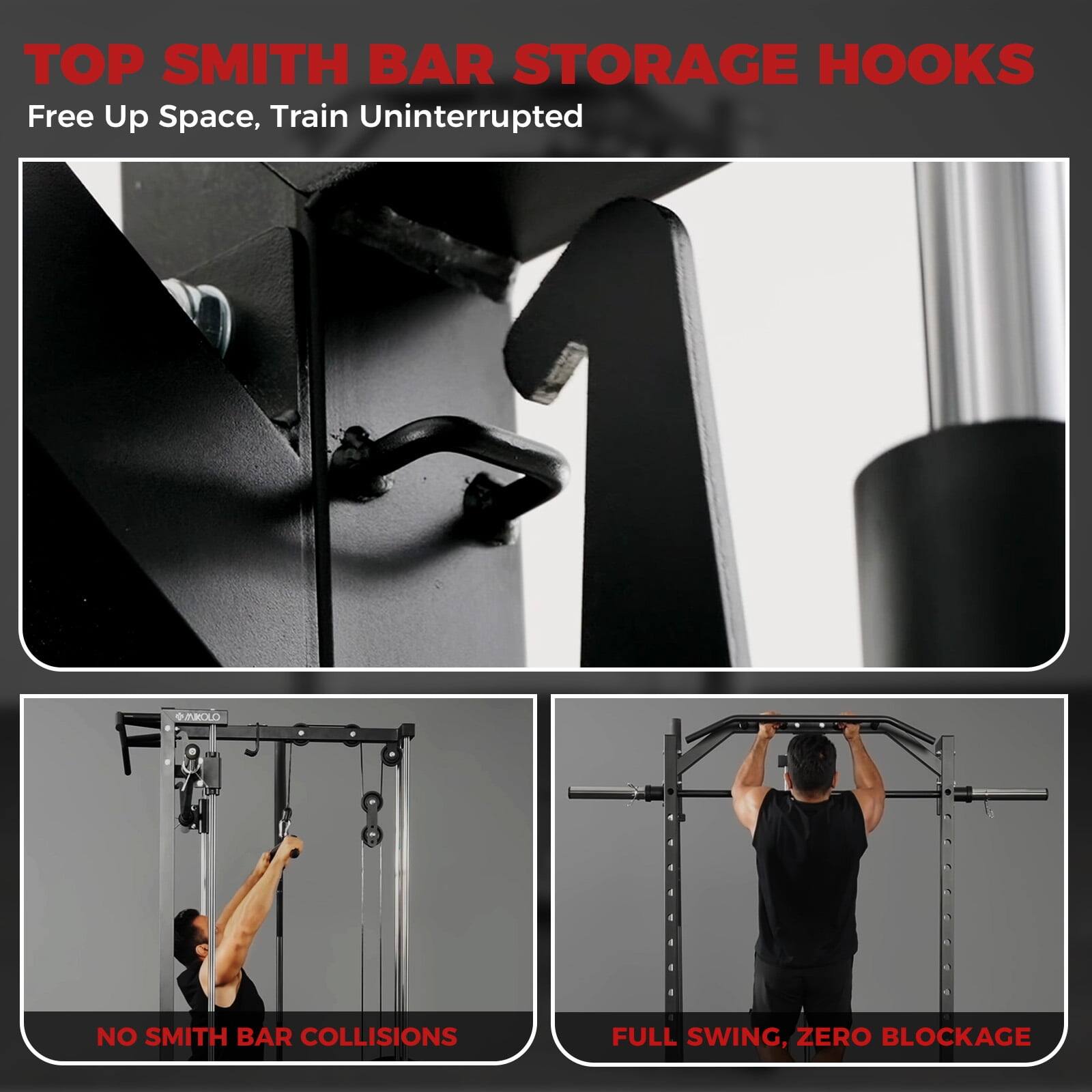 TOP SMITH BAR STORAGE HOOKS  
Free Up Space, Train Uninterrupted  

NO SMITH BAR COLLISIONS  

FULL SWING, ZERO BLOCKAGE
