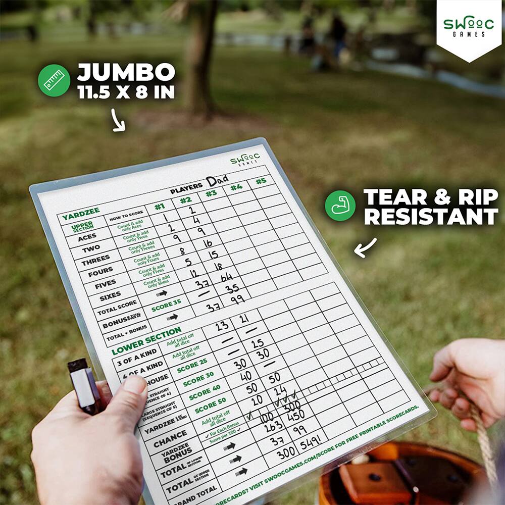 **JUMBO 11.5 X 8 IN**

**TEAR & RIP RESISTANT**

**SWOOC GAMES**

**YARDZEE**

**UPPER SECTION**

- **ACES**  
  Count & add 1s  
  1  
  2  
  3  
  4  
  5  
  6  
  7  
  8  
  9  
  10  
  11  
  12  
  13  
  14  
  15  
  16  
  17  
  18  
  19  
  20  
  21  
  22  
  23  
  24  
  25  
  26  
  27  
  28  
  29  
  30  
  31  
  32  
  33  
  34  
  35  
  36  
  37  
  38  
  39  
  40  
  41  
  42  
  43  
  44  
  45  
  46  
  47  
  48  
  49  
  50  
  51  
  52  
  53  
  54  
  55  
  56  
  57  
  58  
  59  
  60  
  61  
  62  
  63  
  64  
  65  
  66  
  67  
  68  
  69  
  70  
  71  
  72  
  73  
  74  
  75  
  76  
  77  
  78  
  79  
  80  
  81  
  82  
  83  
  84  
  85  
  86  
  87  
  88  
  89  
  90  
  91  
  92  
  93  
  