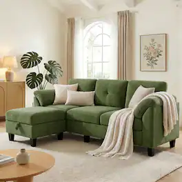 Dyonery - 79" Sectional Couch with Storage Pocket, L Shaped Small Sofa with Soft Armrest Pillows,4 Seat Couches - Green
