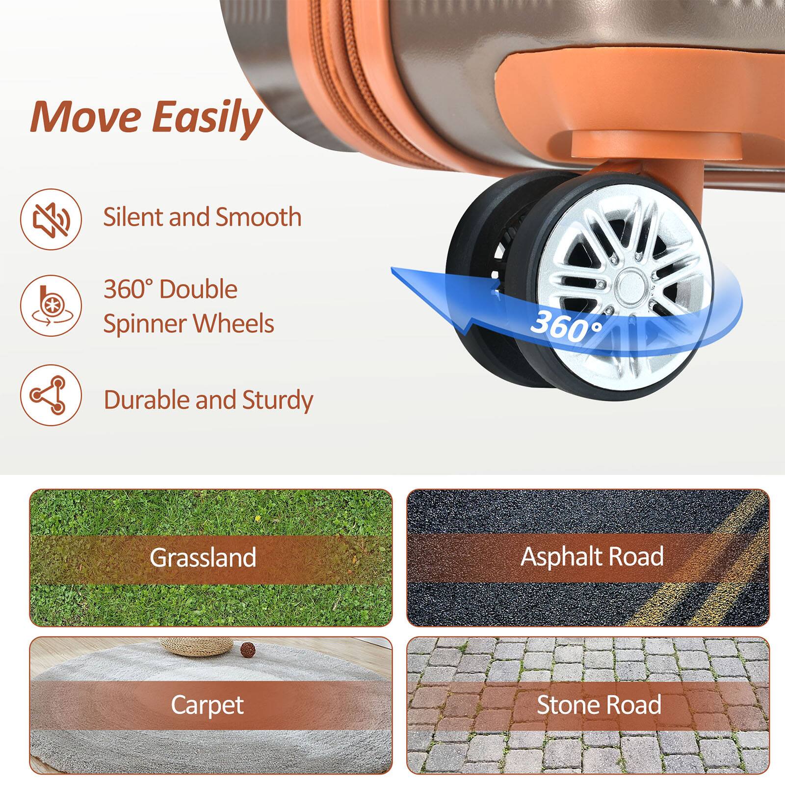 Move Easily

- Silent and Smooth
- 360° Double Spinner Wheels
- Durable and Sturdy

Grassland  
Asphalt Road  
Carpet  
Stone Road