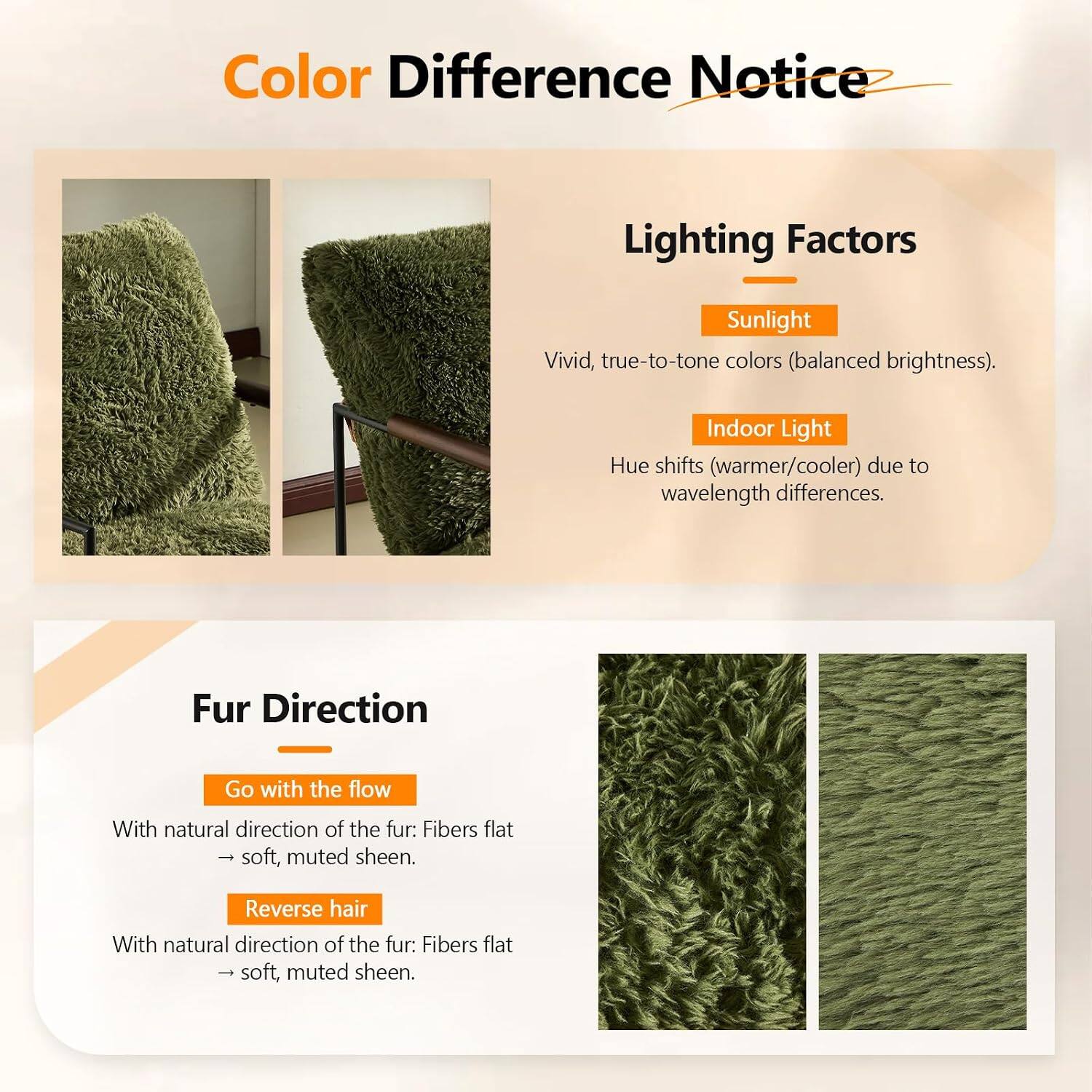 Color Difference Notice

Lighting Factors
- Sunlight: Vivid, true-to-tone colors (balanced brightness).
- Indoor Light: Hue shifts (warmer/cooler) due to wavelength differences.

Fur Direction
- Go with the flow: With natural direction of the fur: Fibers flat, soft, muted sheen.
- Reverse hair: With natural direction of the fur: Fibers flat, soft, muted sheen.