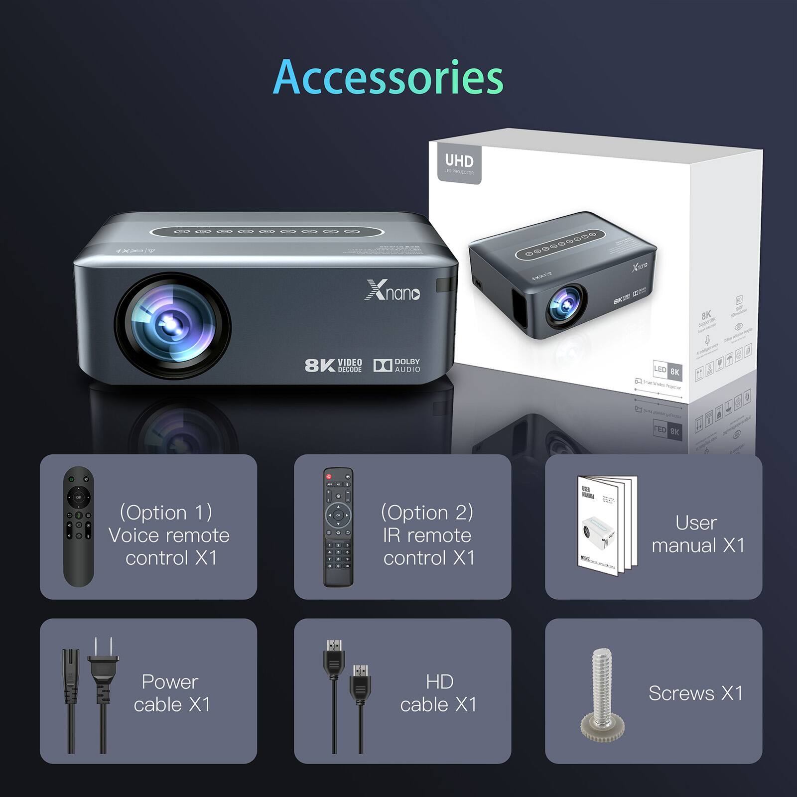 Accessories UHD C - nanc M GO n_to ue - KS BK 8K VIDEO DECODE DOLBY AUDIO LED BK FED TK - (Option 1) Voice remote control X1 (Option 2) IR remote control X1 User manual X1 Power cable X1 HD cable X1 Screws X1