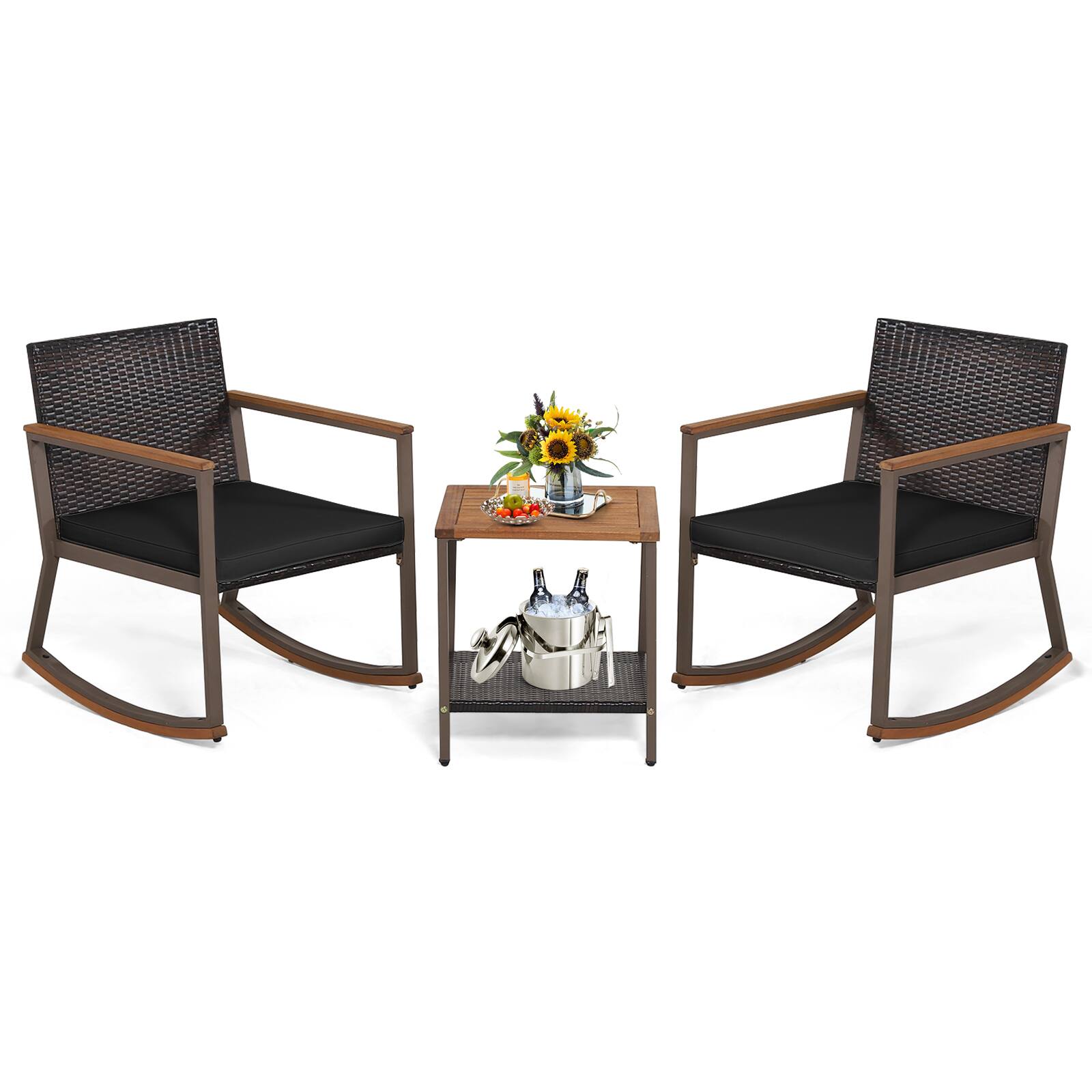 Alt View 1. Costway - Costway 3PCS Patio Rattan Rocking Chair Bistro Set Armrest Cushion Table with Storage Shelf - Mix Brown+Black.