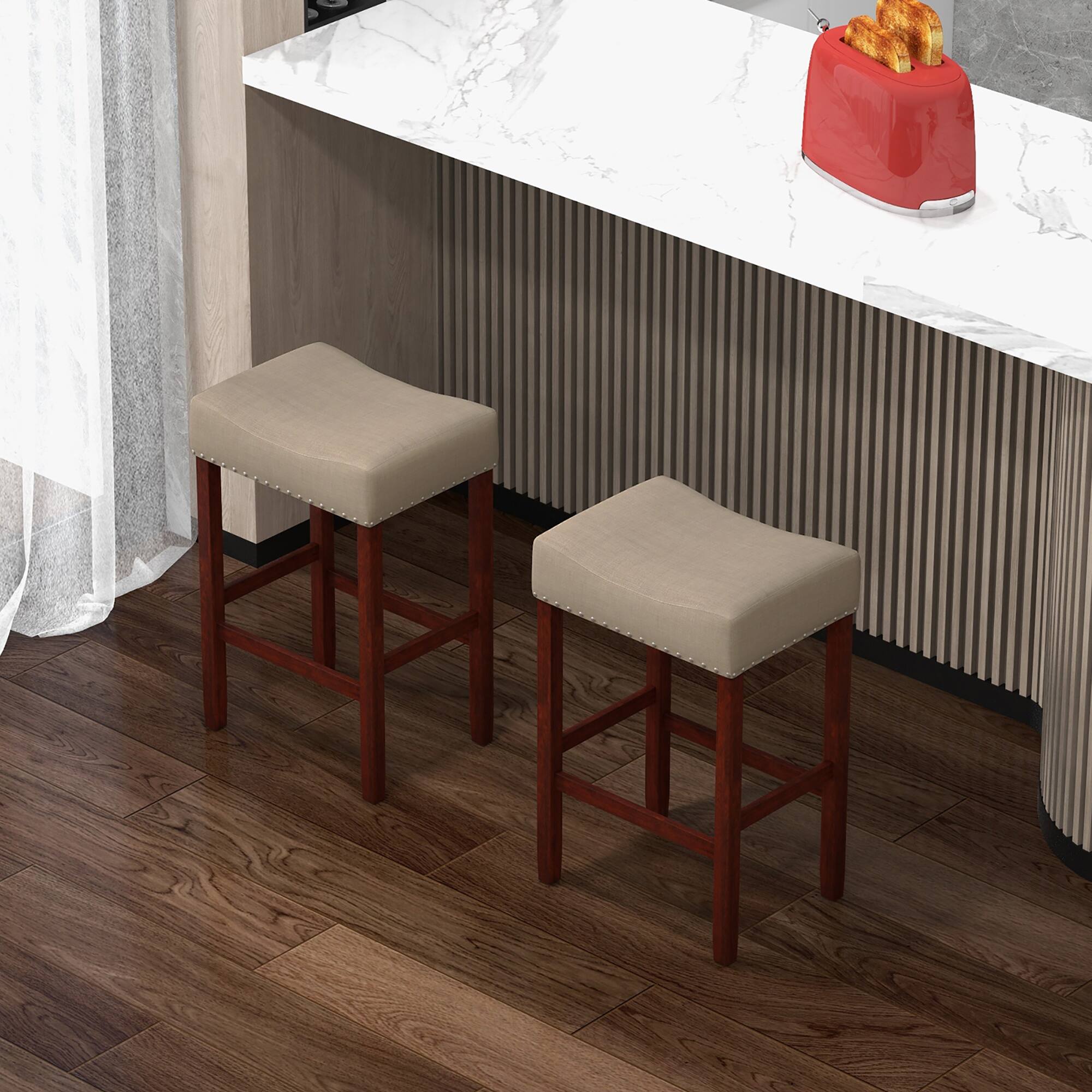 Alt View 3. Gymax - Gymax Set of 4 Bar Stools Counter Height Saddle Kitchen Chairs w/ Wooden Legs Beige - Beige + Brown.