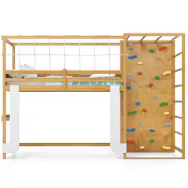 Costway - Twin Bunk Bed with Jungle Gym, Climbing Ladder, Rock Wall & Monkey Bar - Natural + White