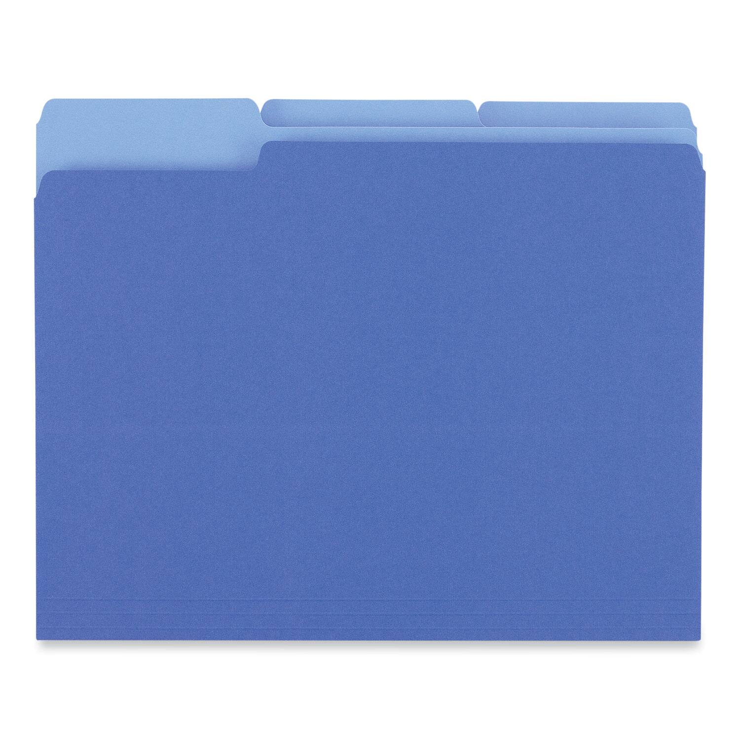 Left. Universal - Interior File Folders, 1/3-Cut Tabs: Assorted, Letter Size, 11-pt Stock, Blue, 100/Box.