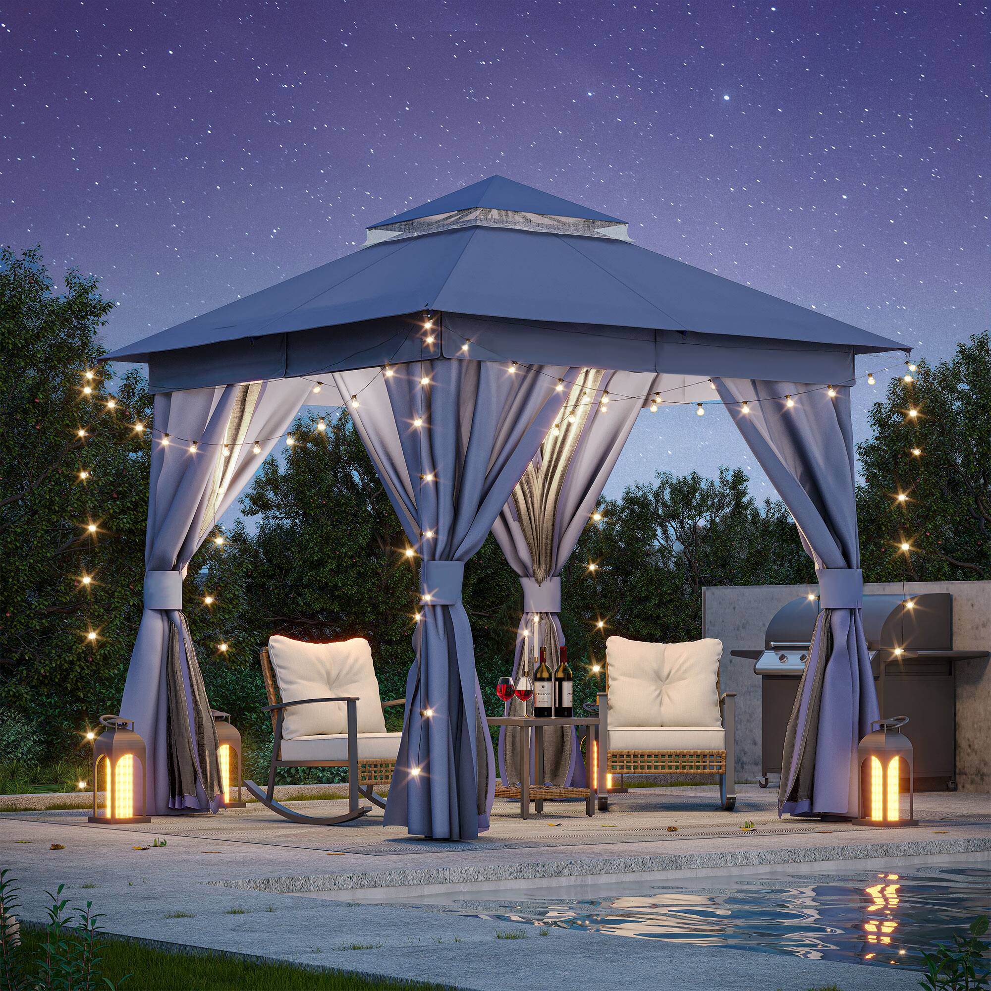 Angle. Yardgrace - 8x8 FT Outdoor Heavy Duty Metal Frame Gazebo Double Roof Mosquito Net Privacy Screen Patio Backyard Garden - Navy Blue.