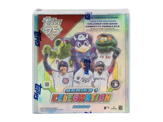 PS ACKS 14 CARDS PER PACK 195 TOTAL CARDS LOOK FOR EXCLUSIVE TOPPS CELEBRATION BASE CONFETTI PARALLELS PACKS WITH A SPECIAL INSERT MAY CONTAIN USS CARD (NO PURCHASE NECESSARY - VISIT TOPPS.COM/MPN FOR DETAILS AND ENTRY) TOPPS SERIES 1 CELEBRATION LEAGUE BASEBALL 2026 F MAJOR PLAYERS OFFICIALLY LICENSED PRODUCT OF MLB