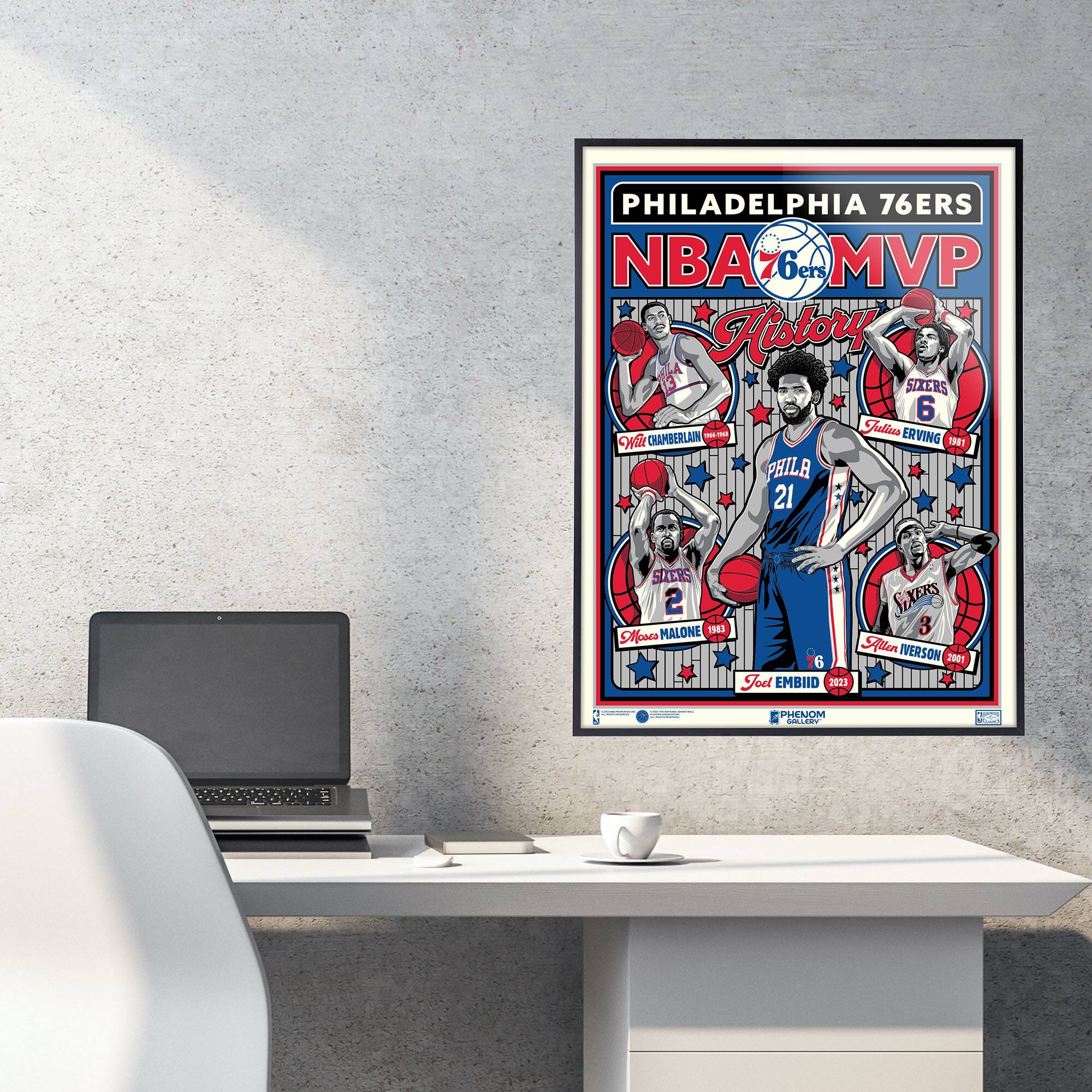 PHILADELPHIA 76ERS  
NBA 6ers MVP History  

1. Wilt Chamberlain - 1965  
2. Julius Erving - 1981  
3. Moses Malone - 1982  
4. Allen Iverson - 2001  
5. Joel Embiid - 2023  

PHILA 21  
SIXERS 6  
SIXERS 2  
SIXERS 3  

PHENOM GALLERY